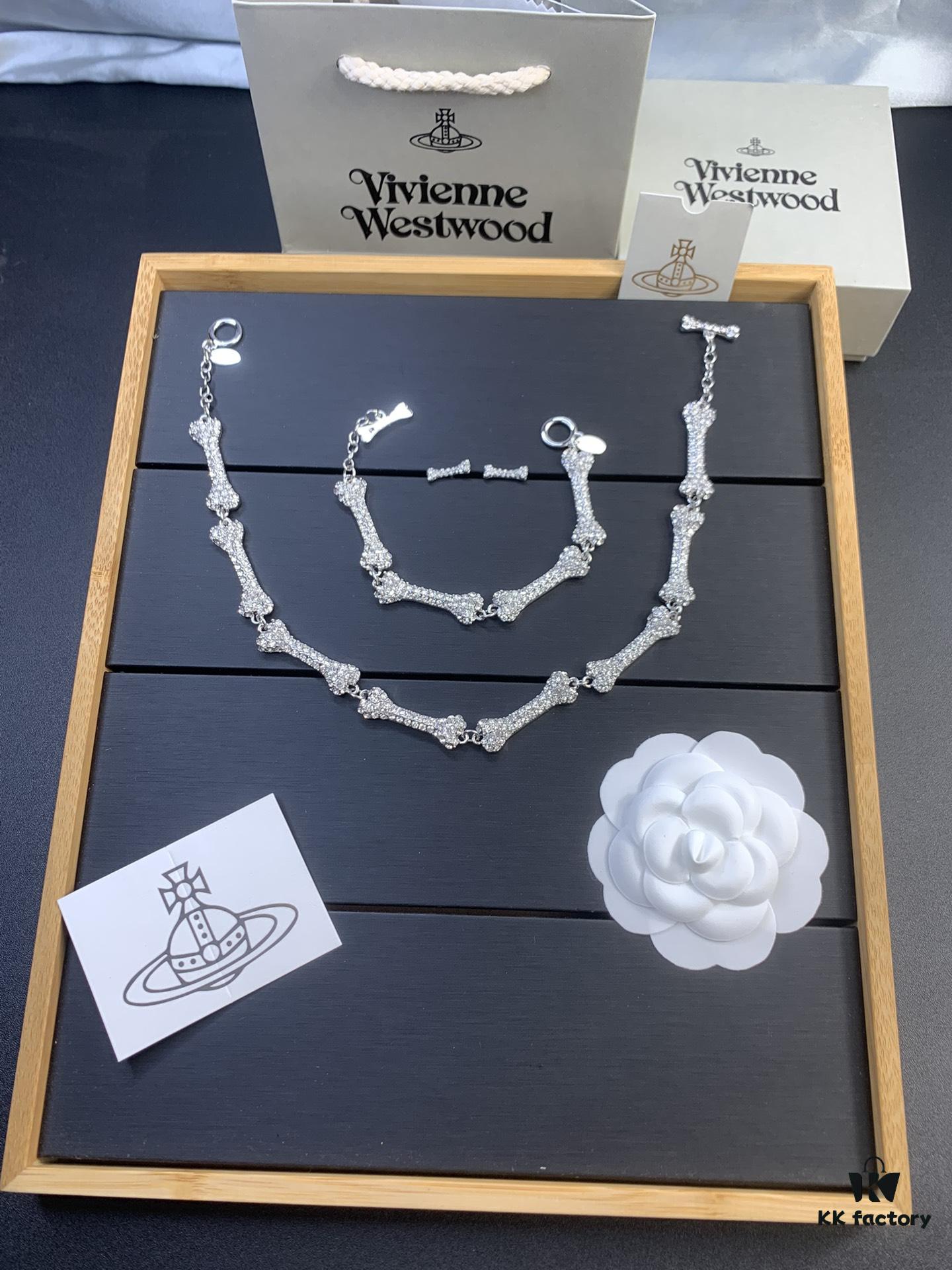 Vivienne Westwood Bone Full Diamond Stud Earrings, Bracelet, and Necklace Set
