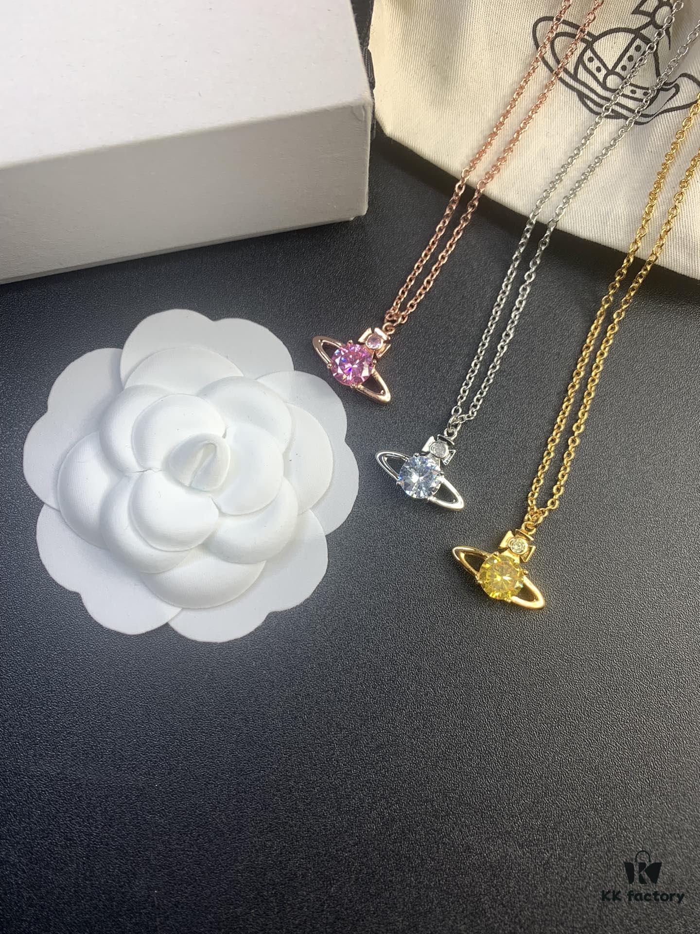 West Queen Round Diamond Saturn Necklace in Rose Gold, White Gold, and Yellow Gold – In Stock in Three Colors