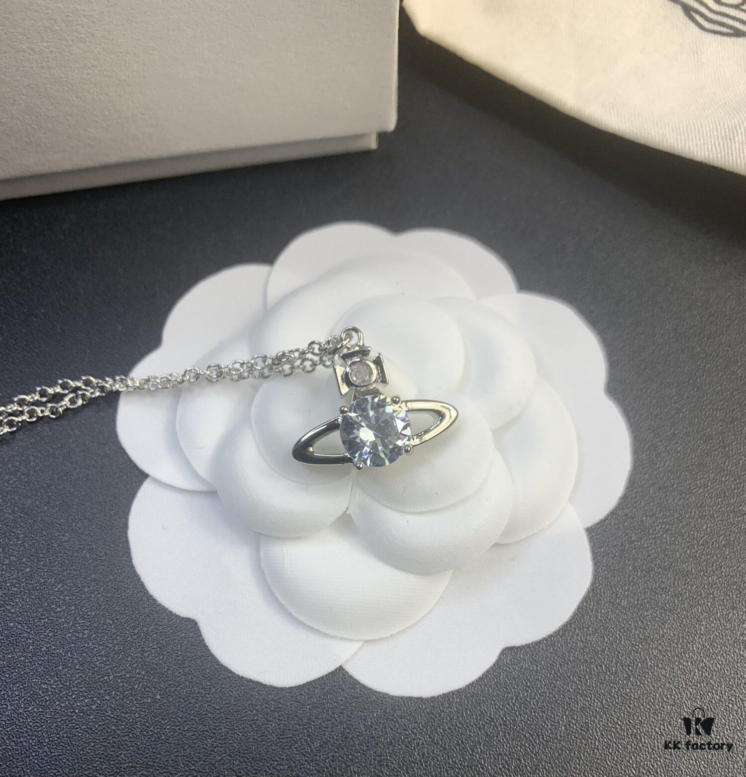 West Queen Round Diamond Saturn Necklace in Rose Gold, White Gold, and Yellow Gold – In Stock in Three Colors