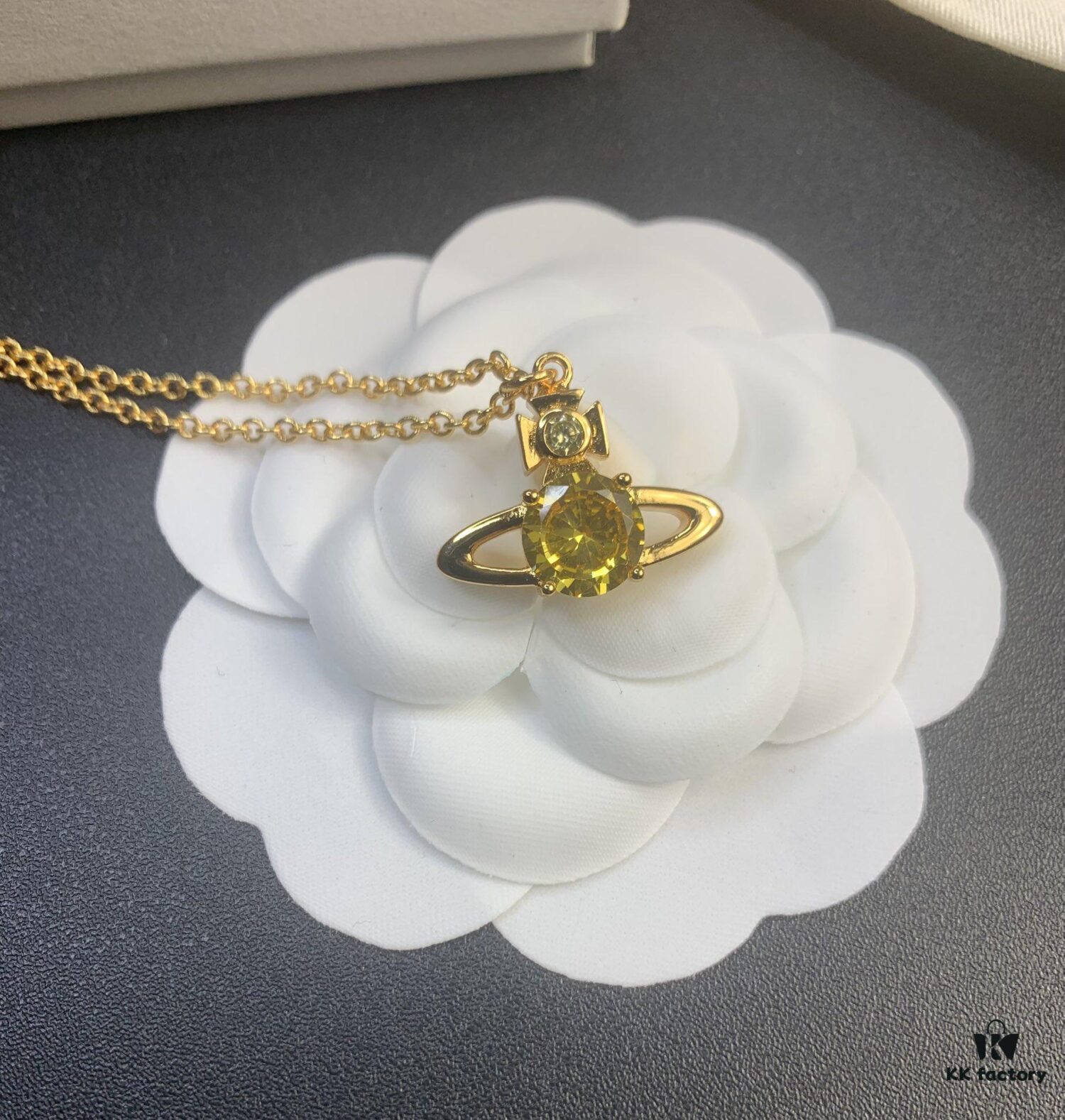 West Queen Round Diamond Saturn Necklace in Rose Gold, White Gold, and Yellow Gold – In Stock in Three Colors