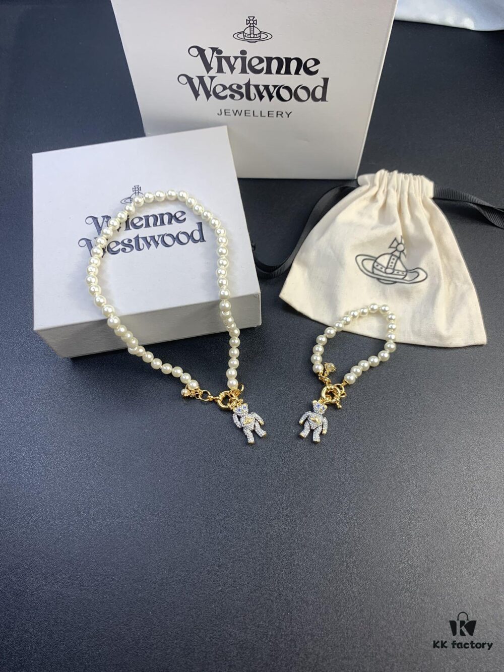 New Arrival: Vivienne Westwood Teddy Bear Pearl Necklace and Bracelet, 360-Degree Rotating Design, Freely Adjustable