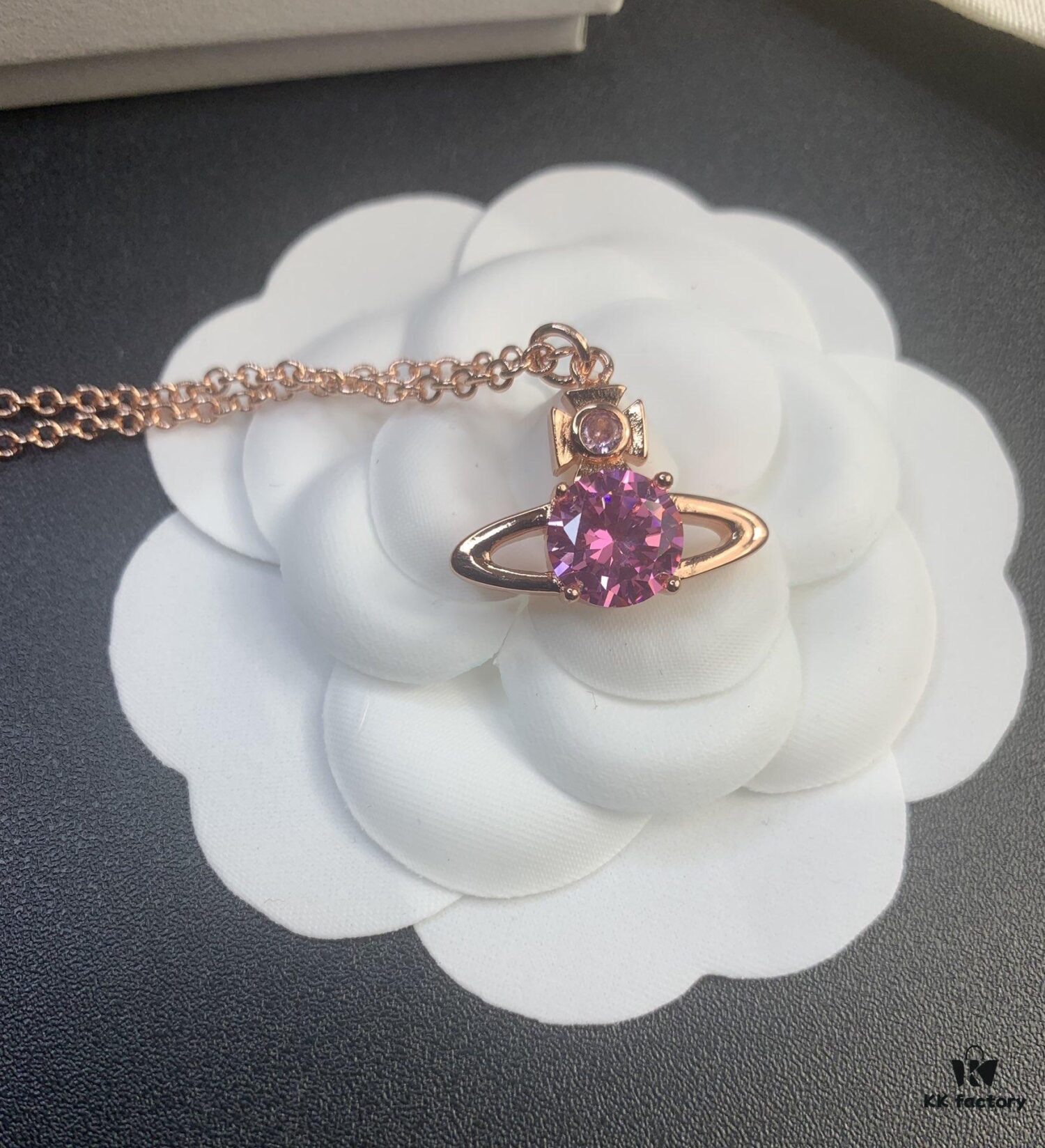 West Queen Round Diamond Saturn Necklace in Rose Gold, White Gold, and Yellow Gold – In Stock in Three Colors