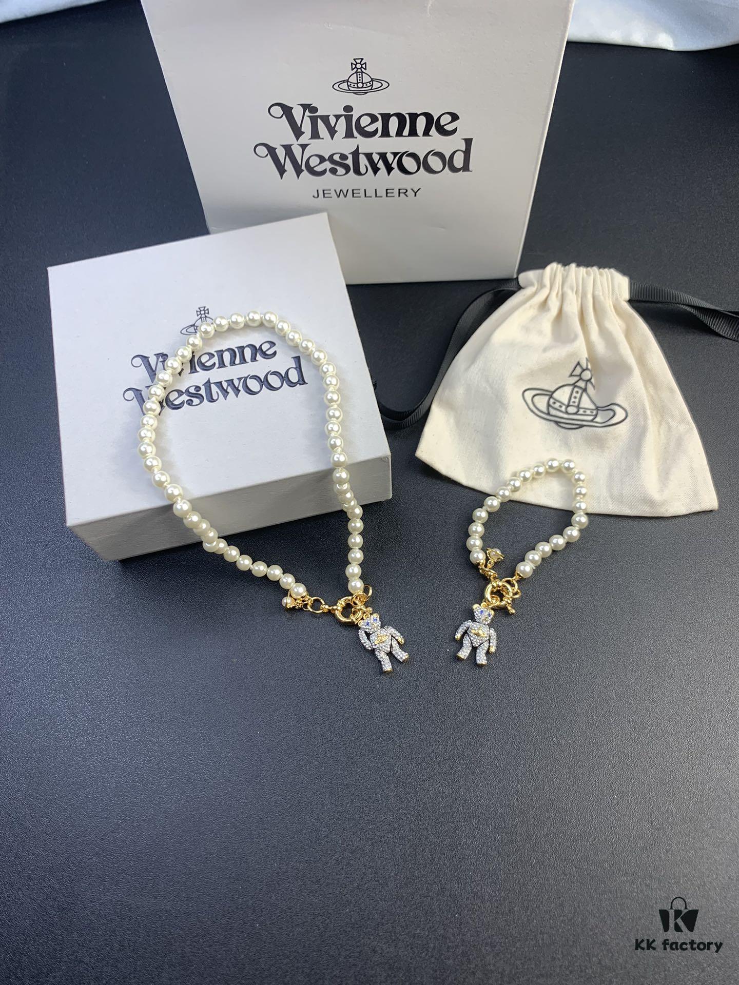 New Arrival: Vivienne Westwood Teddy Bear Pearl Necklace and Bracelet, 360-Degree Rotating Design, Freely Adjustable