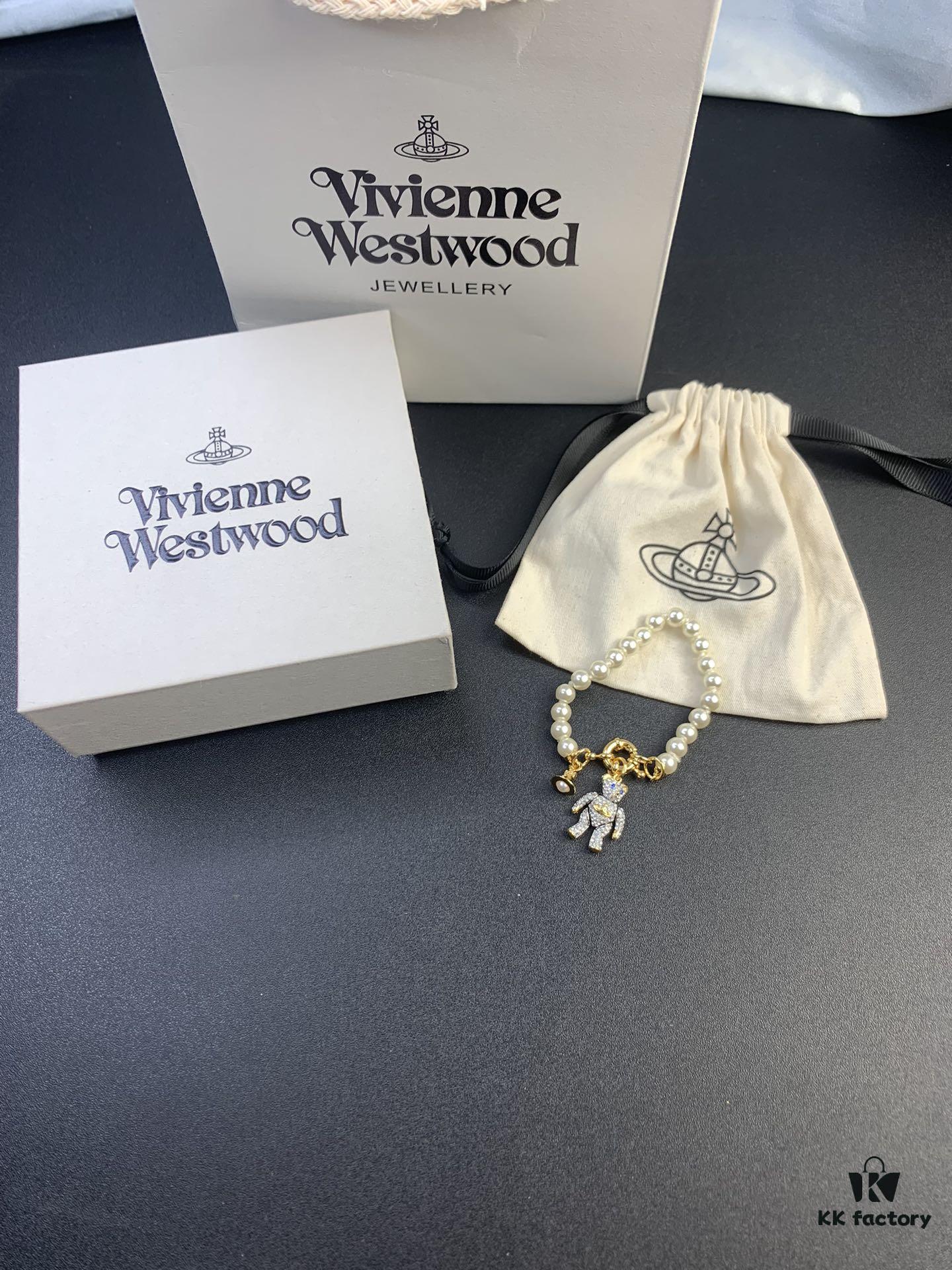 New Arrival: Vivienne Westwood Teddy Bear Pearl Necklace and Bracelet, 360-Degree Rotating Design, Freely Adjustable