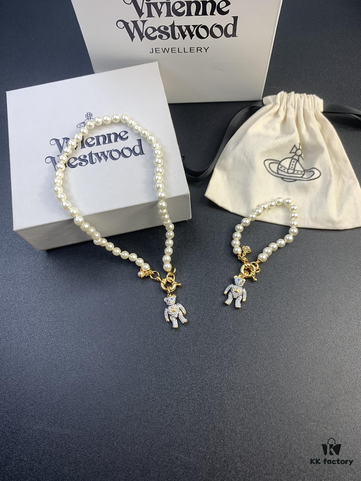 New Arrival: Vivienne Westwood Teddy Bear Pearl Necklace and Bracelet, 360-Degree Rotating Design, Freely Adjustable