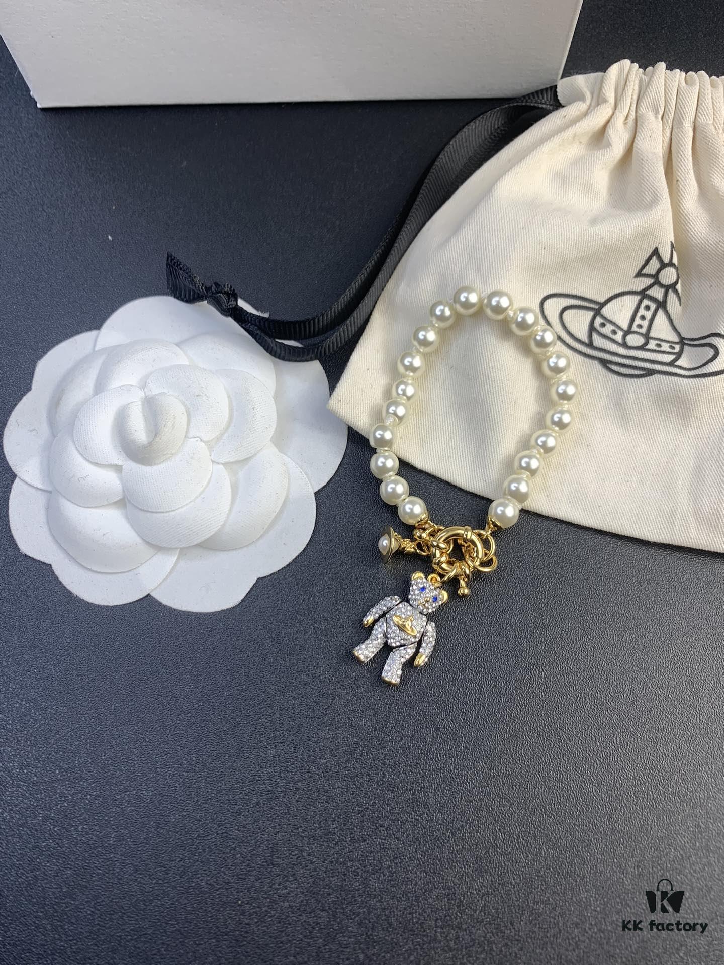 New Arrival: Vivienne Westwood Teddy Bear Pearl Necklace and Bracelet, 360-Degree Rotating Design, Freely Adjustable