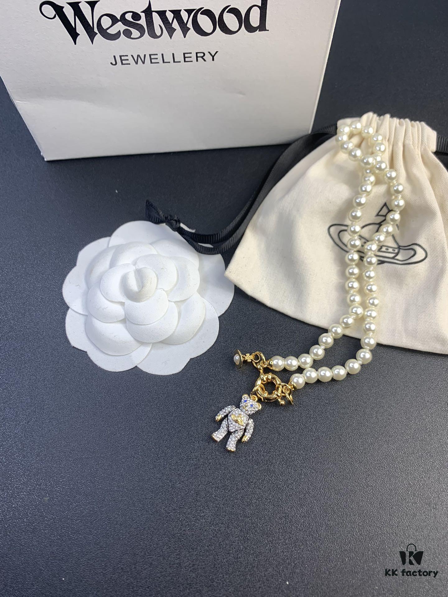 New Arrival: Vivienne Westwood Teddy Bear Pearl Necklace and Bracelet, 360-Degree Rotating Design, Freely Adjustable