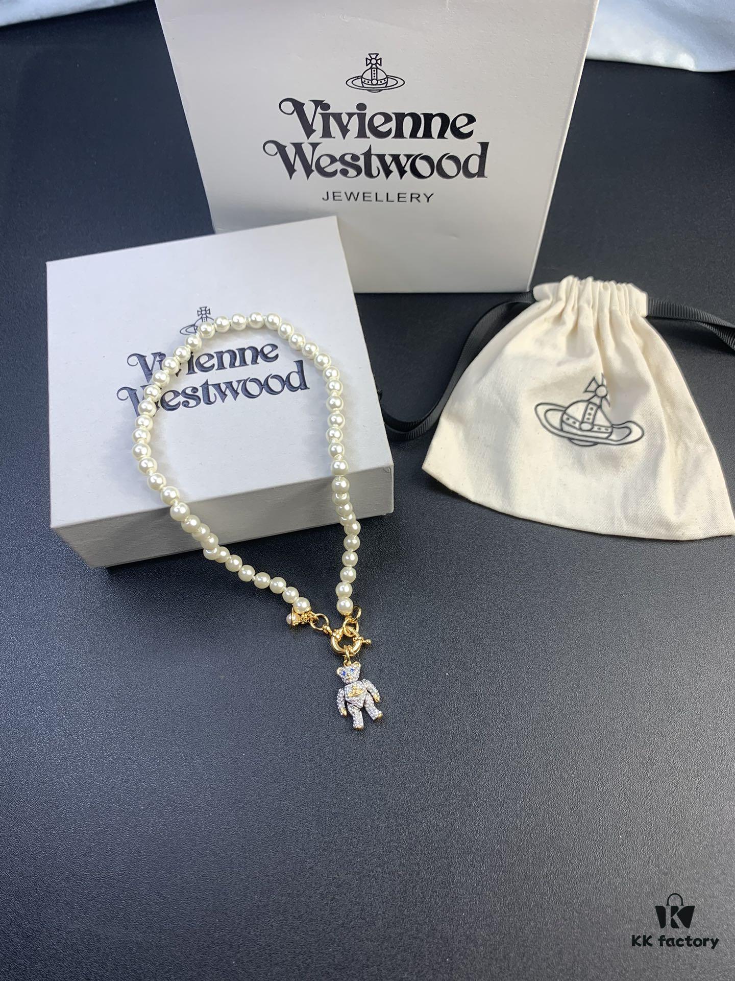 New Arrival: Vivienne Westwood Teddy Bear Pearl Necklace and Bracelet, 360-Degree Rotating Design, Freely Adjustable