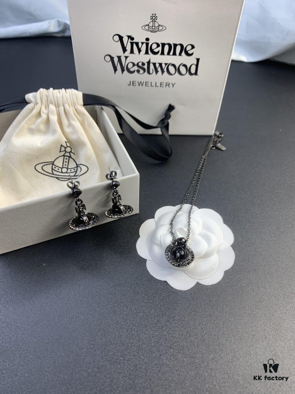 Vivienne Westwood Gradient Black 3D Saturn Necklace and Earrings Set