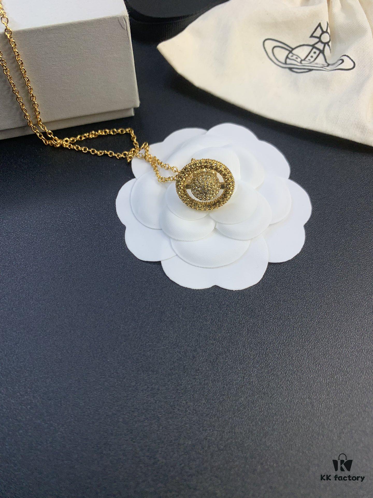 British Museum Three-Dimensional Full Diamond Saturn Necklace in Gold Color