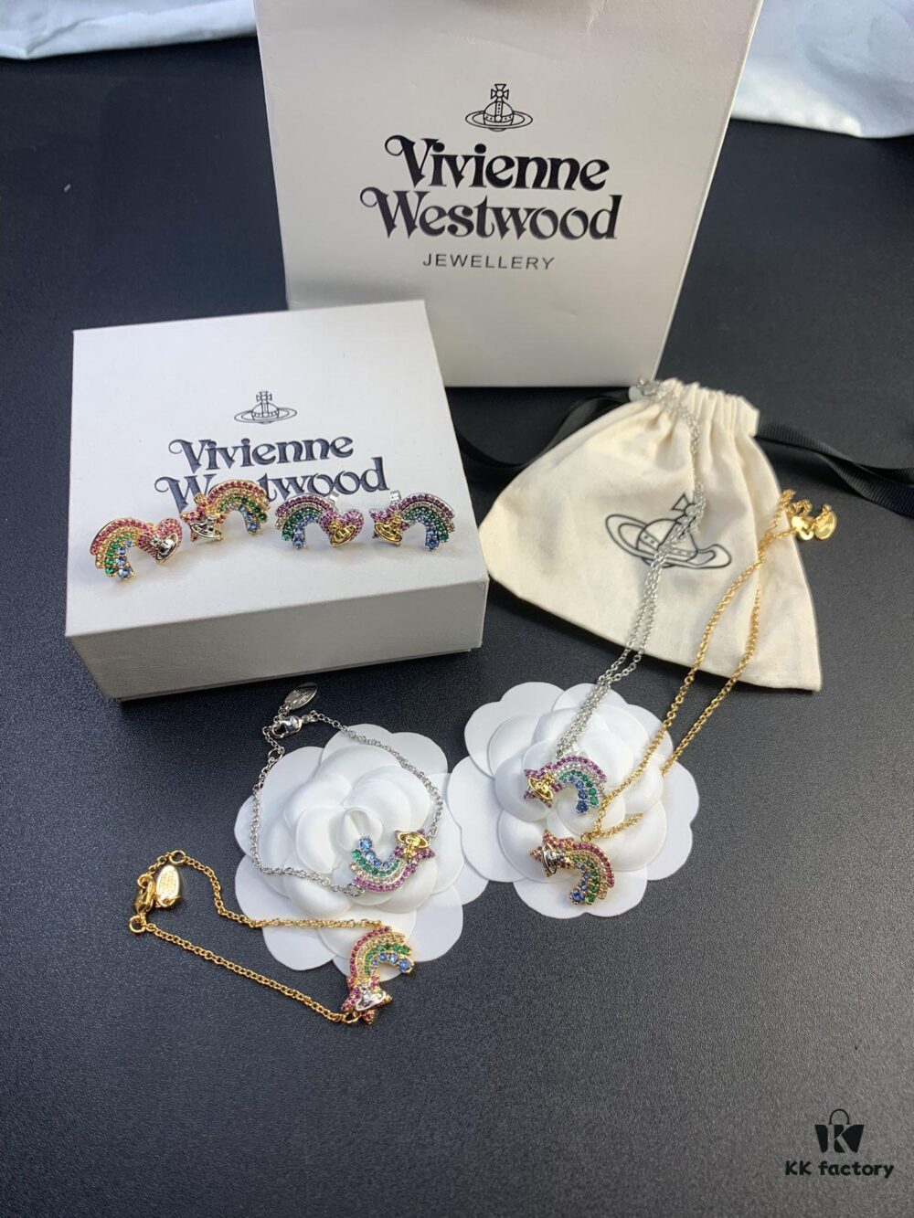 West Queen Rainbow Heart and Pentagon Necklace, Bracelet, and Earring Set, Electroplated 18K Real Gold, Available in White Gold and Rose Gold