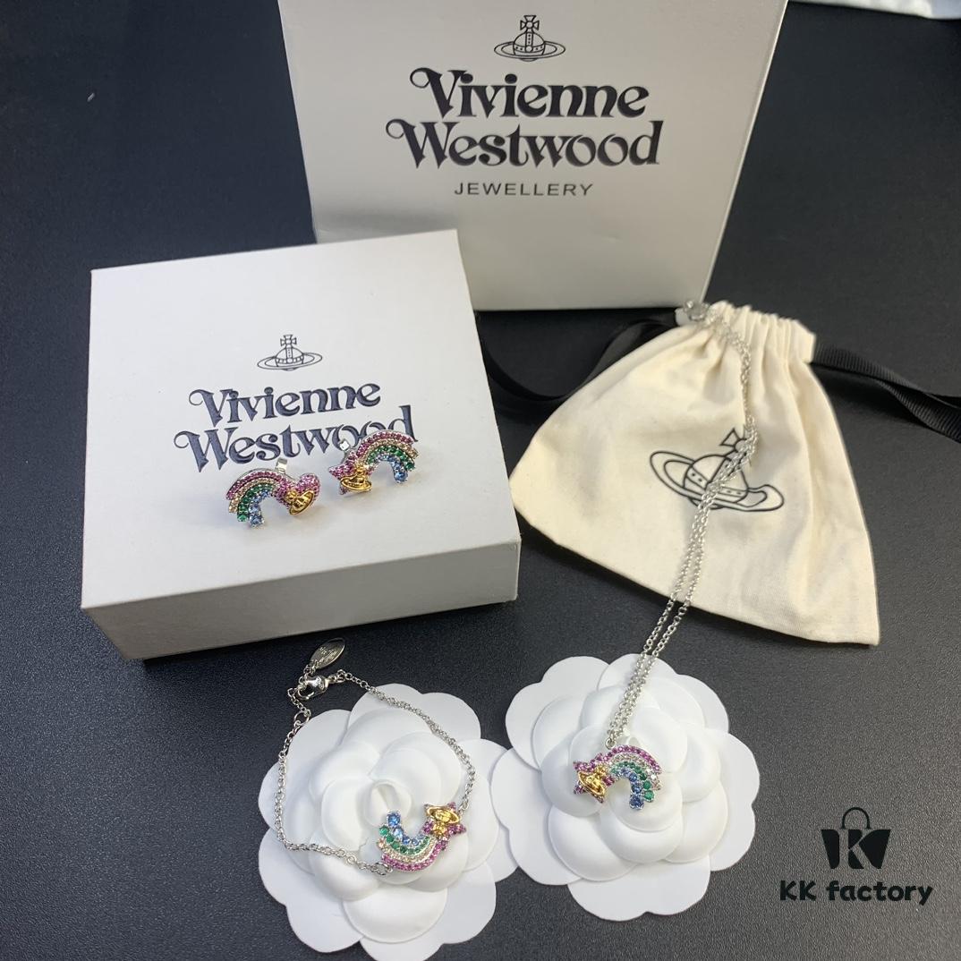 West Queen Rainbow Heart and Pentagon Necklace, Bracelet, and Earring Set, Electroplated 18K Real Gold, Available in White Gold and Rose Gold