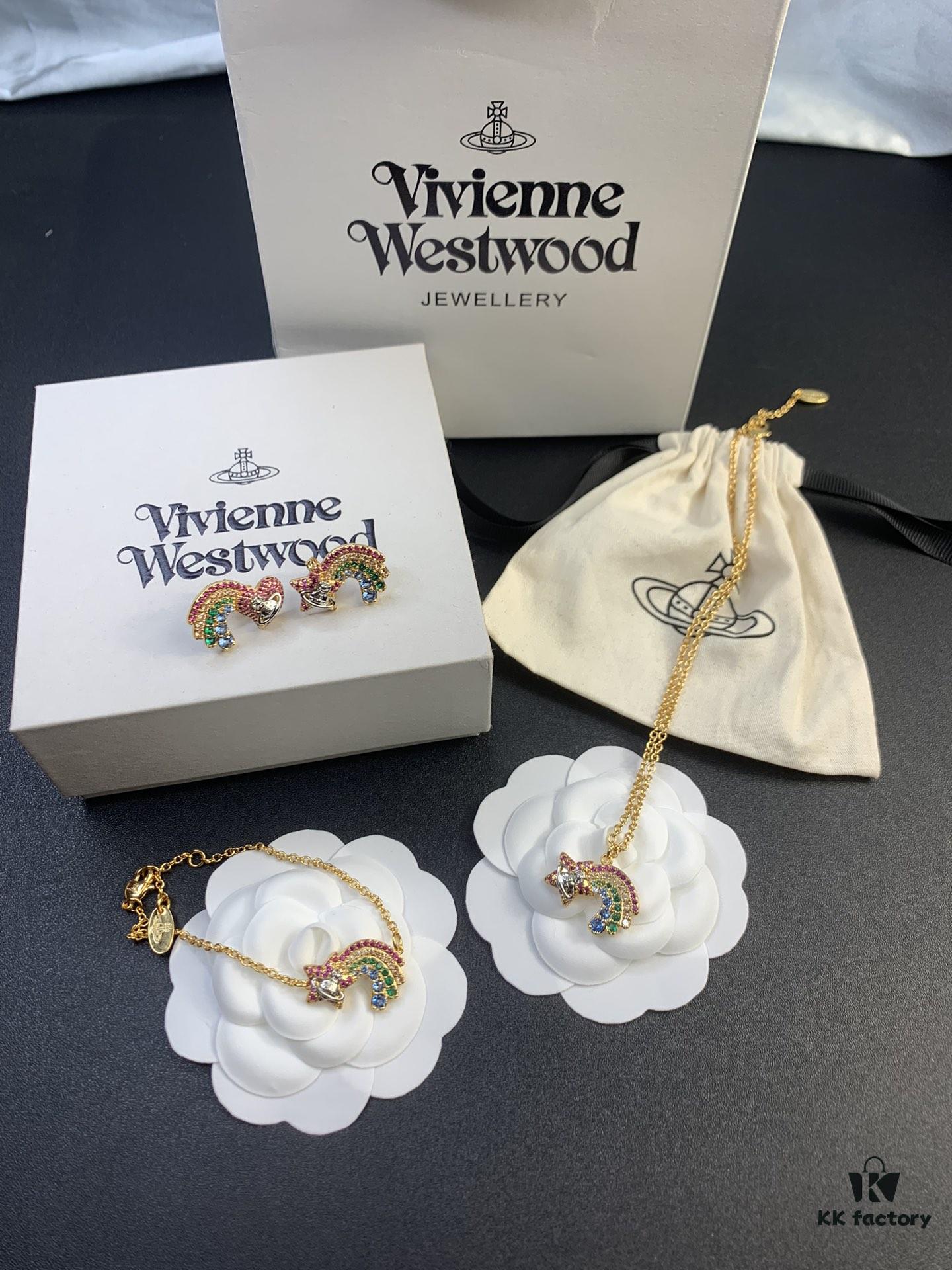 West Queen Rainbow Heart and Pentagon Necklace, Bracelet, and Earring Set, Electroplated 18K Real Gold, Available in White Gold and Rose Gold