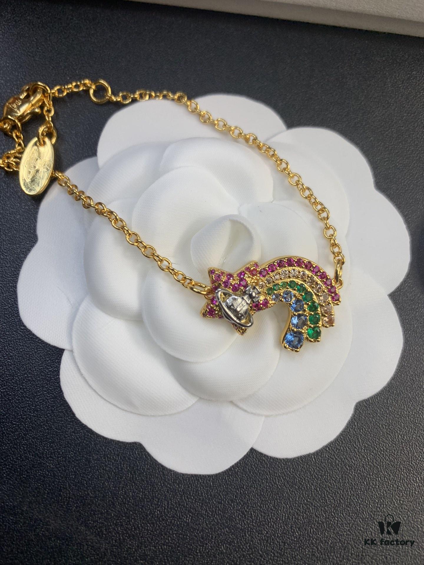 West Queen Rainbow Heart and Pentagon Necklace, Bracelet, and Earring Set, Electroplated 18K Real Gold, Available in White Gold and Rose Gold