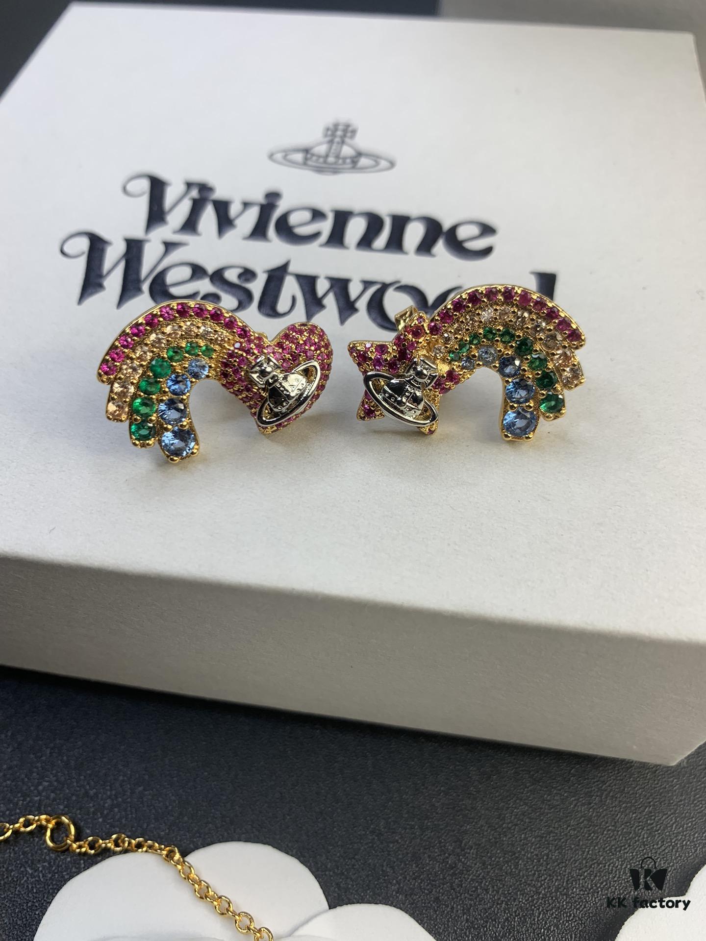 West Queen Rainbow Heart and Pentagon Necklace, Bracelet, and Earring Set, Electroplated 18K Real Gold, Available in White Gold and Rose Gold