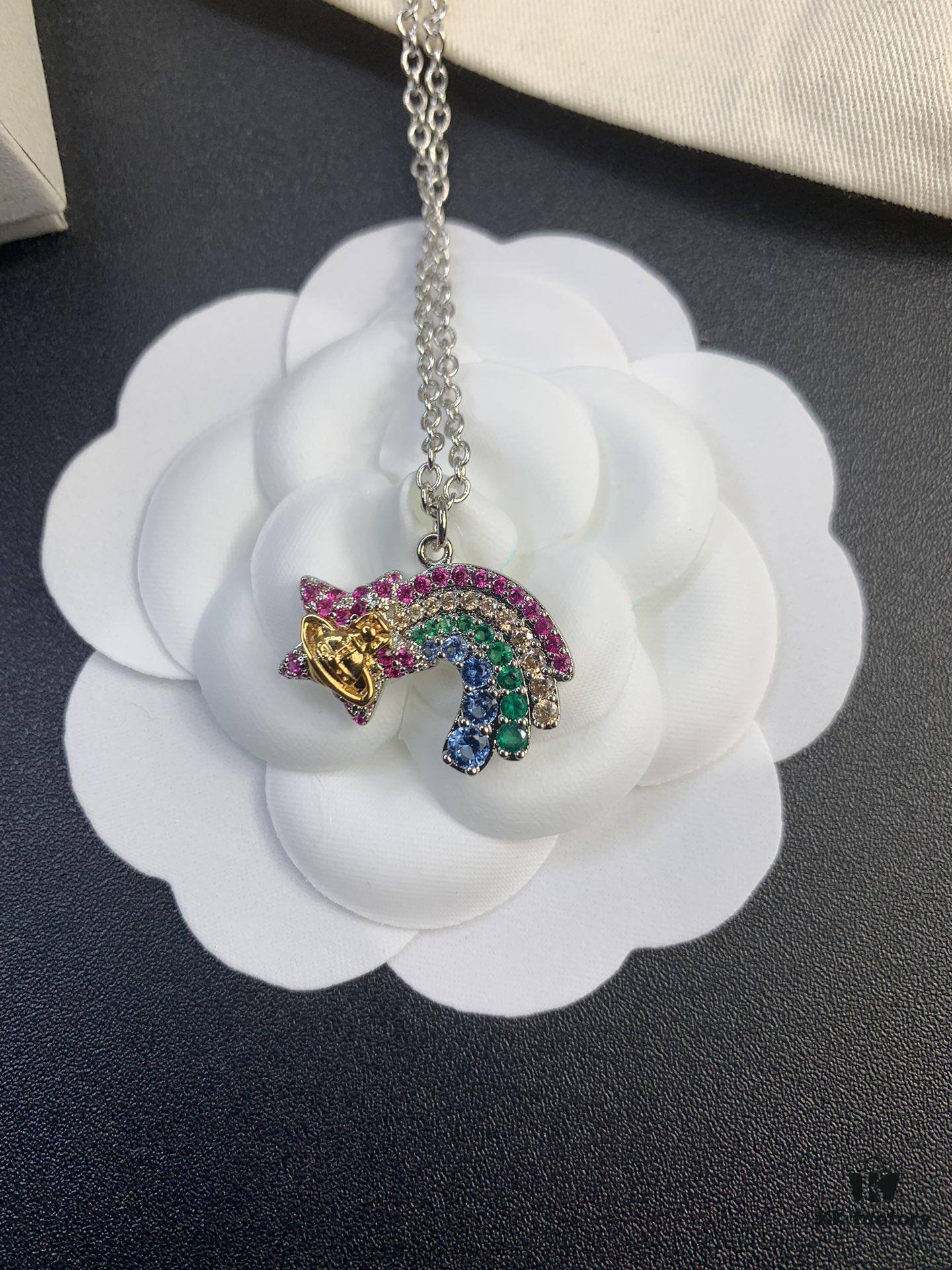 West Queen Rainbow Heart and Pentagon Necklace, Bracelet, and Earring Set, Electroplated 18K Real Gold, Available in White Gold and Rose Gold