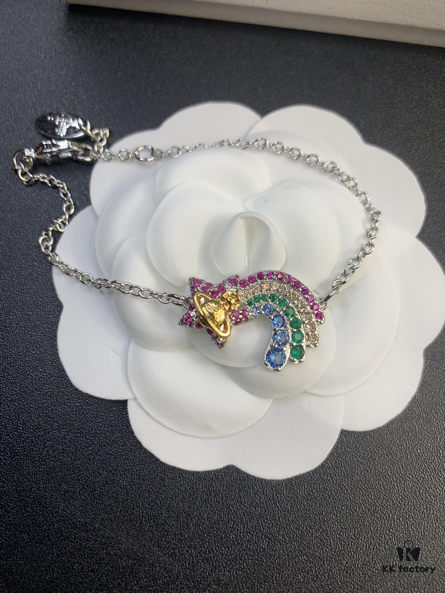 West Queen Rainbow Heart and Pentagon Necklace, Bracelet, and Earring Set, Electroplated 18K Real Gold, Available in White Gold and Rose Gold