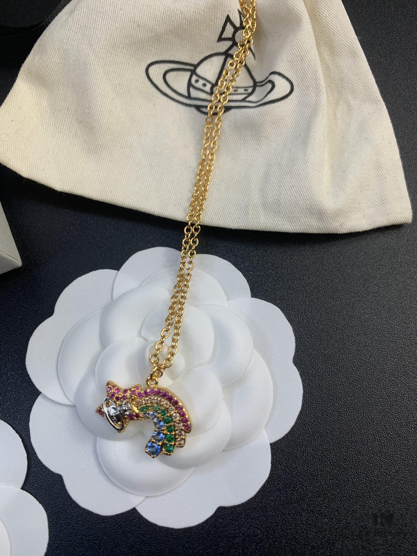 West Queen Rainbow Heart and Pentagon Necklace, Bracelet, and Earring Set, Electroplated 18K Real Gold, Available in White Gold and Rose Gold