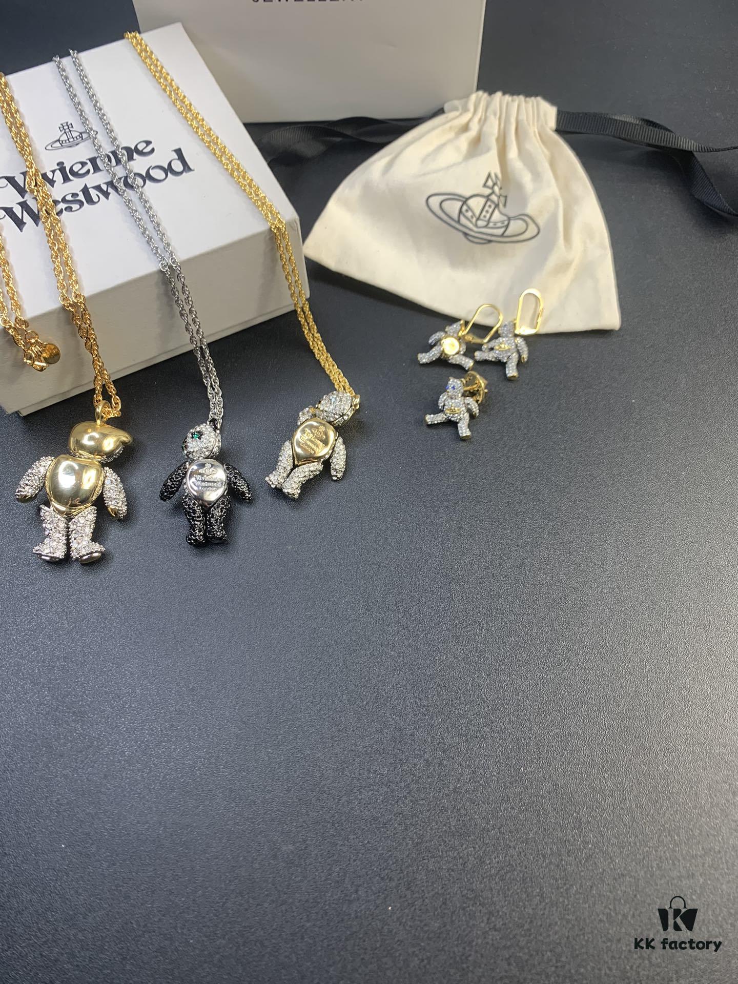 West Queen Articulated Bear Necklace 72cm, Earrings and Lapel Pin Set