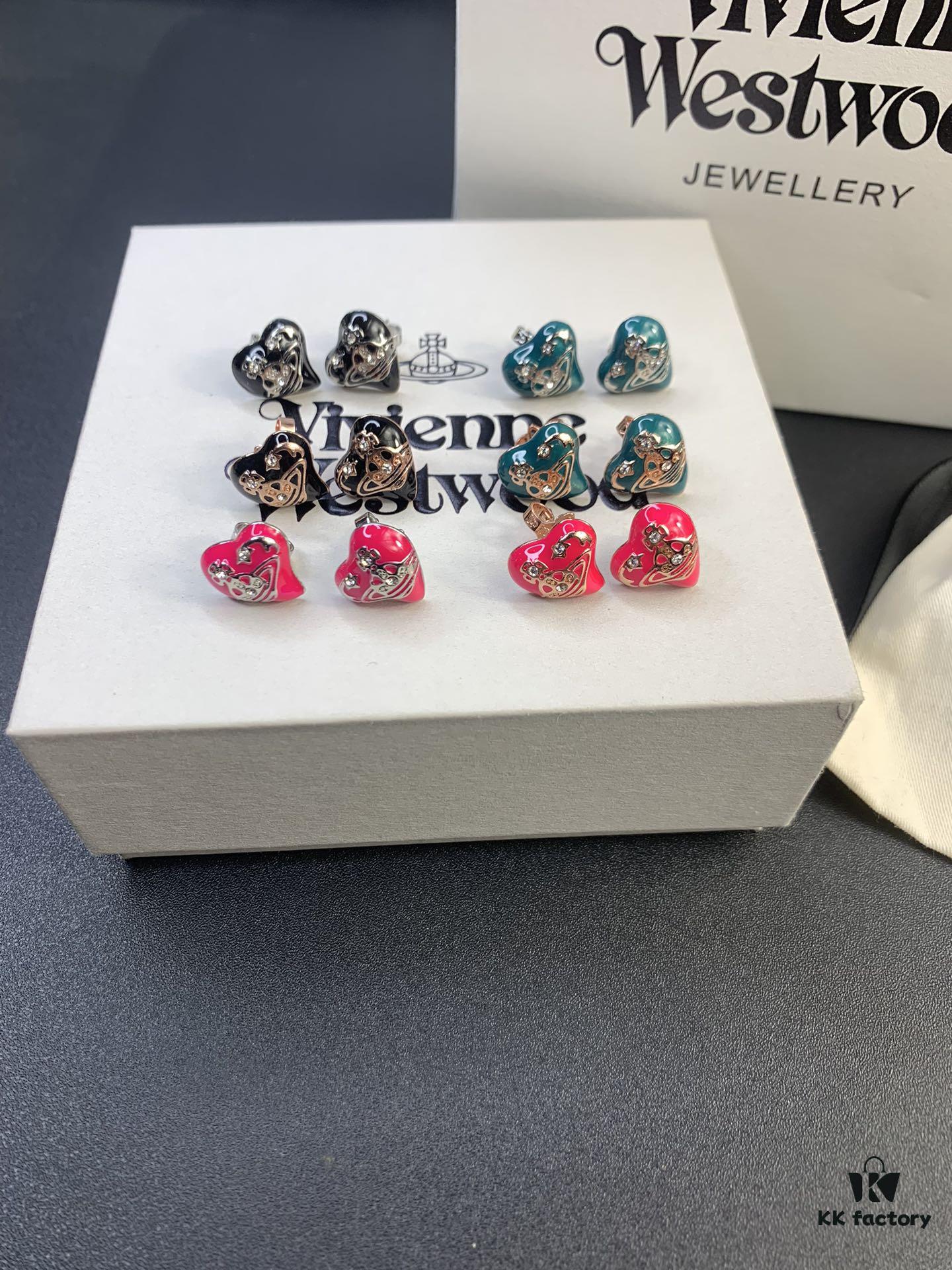 New Arrival: Vivienne Westwood Love Heart Enamel Stud Earrings, Red, Blue, Black, Plated in 18K Real Gold, Available in White Gold and Rose Gold