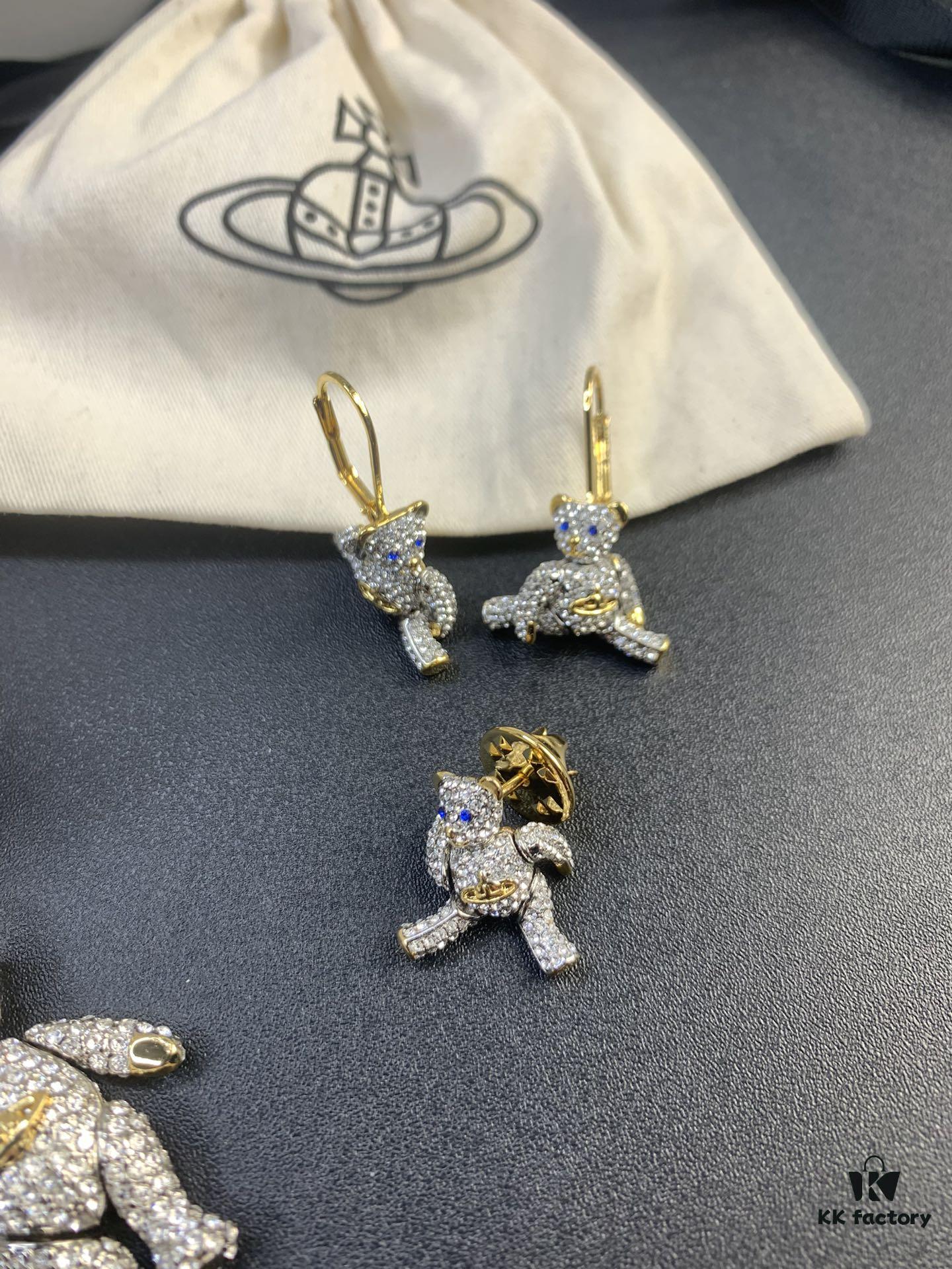 West Queen Articulated Bear Necklace 72cm, Earrings and Lapel Pin Set