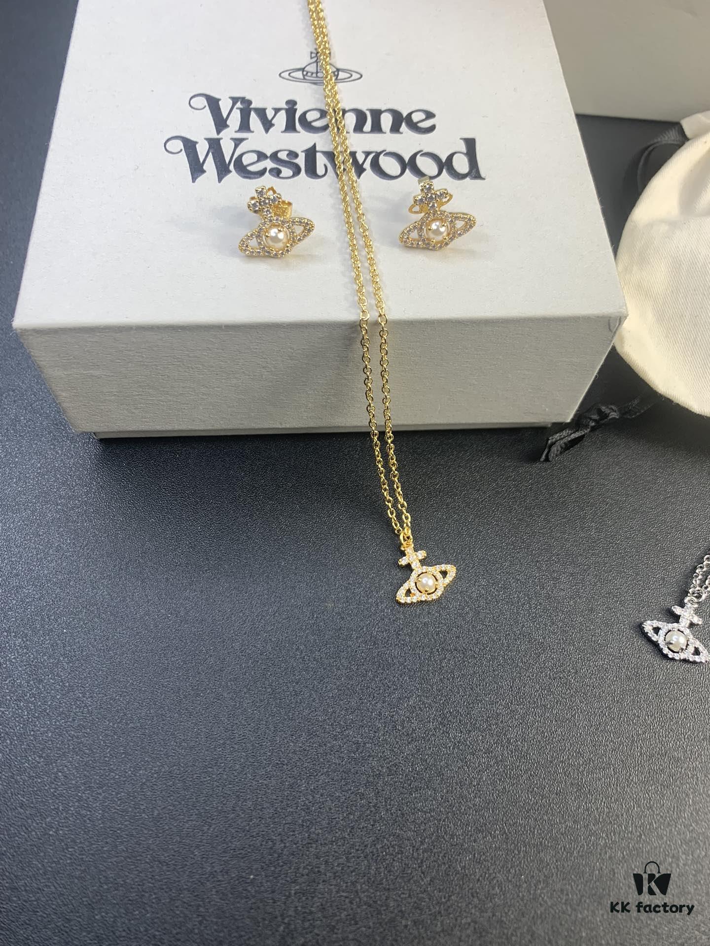 WEST QUEEN Cross Texture Zircon Pearl Saturn Necklace in Gold and White Gold Two Colors