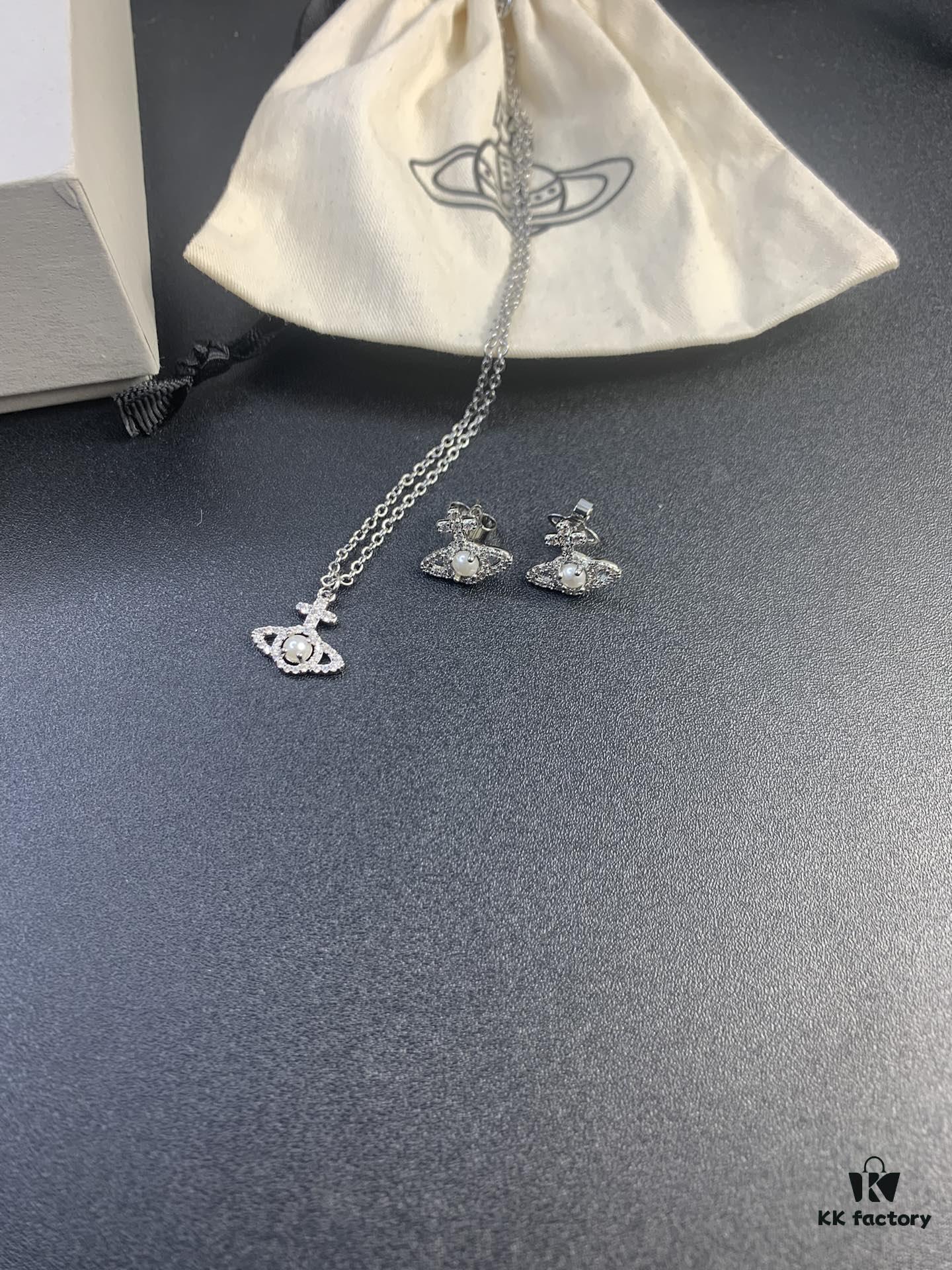 WEST QUEEN Cross Texture Zircon Pearl Saturn Necklace in Gold and White Gold Two Colors