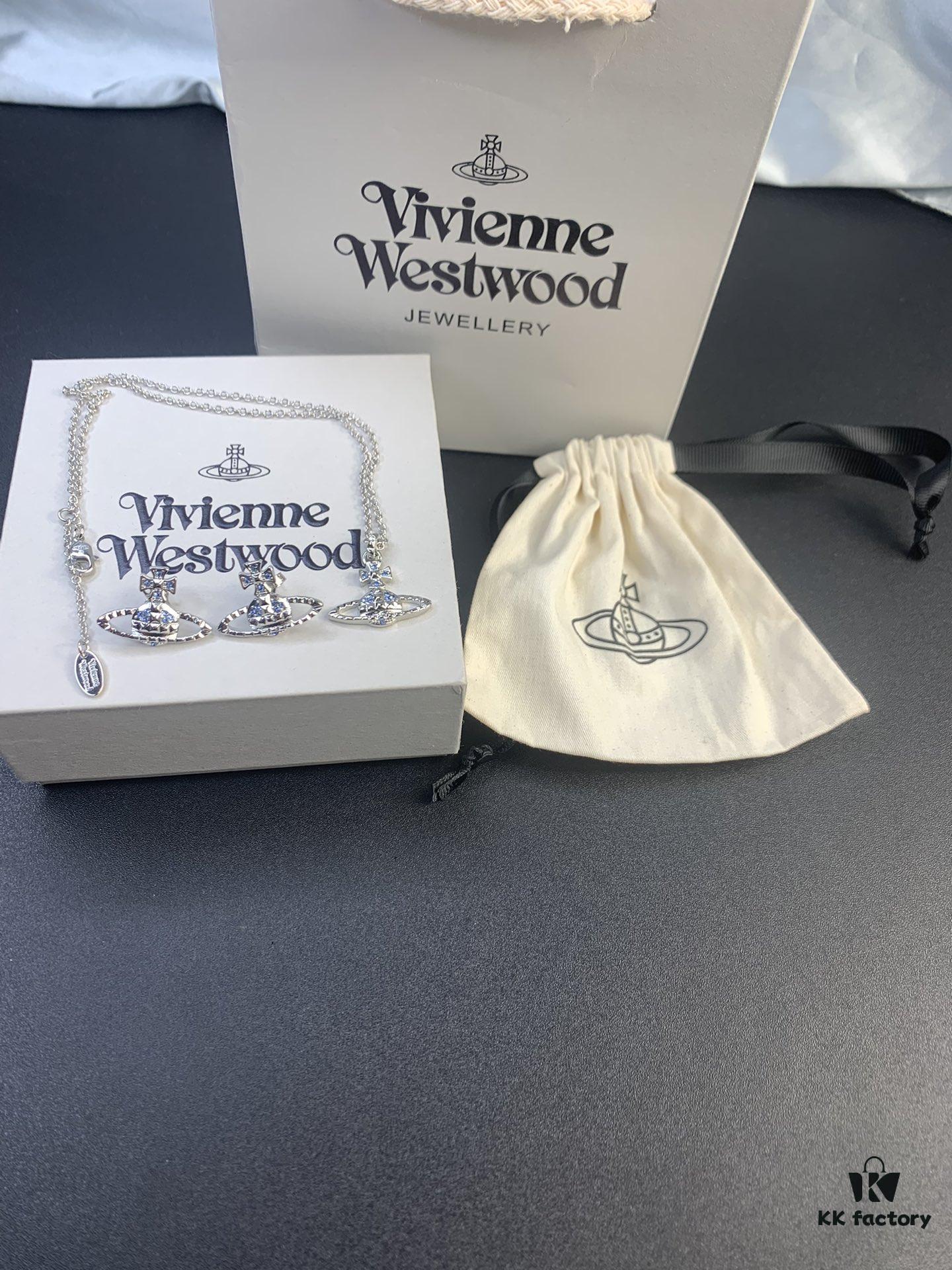 West Grandma Rivet Saturn Blue Diamond Necklace and Stud Earring Set