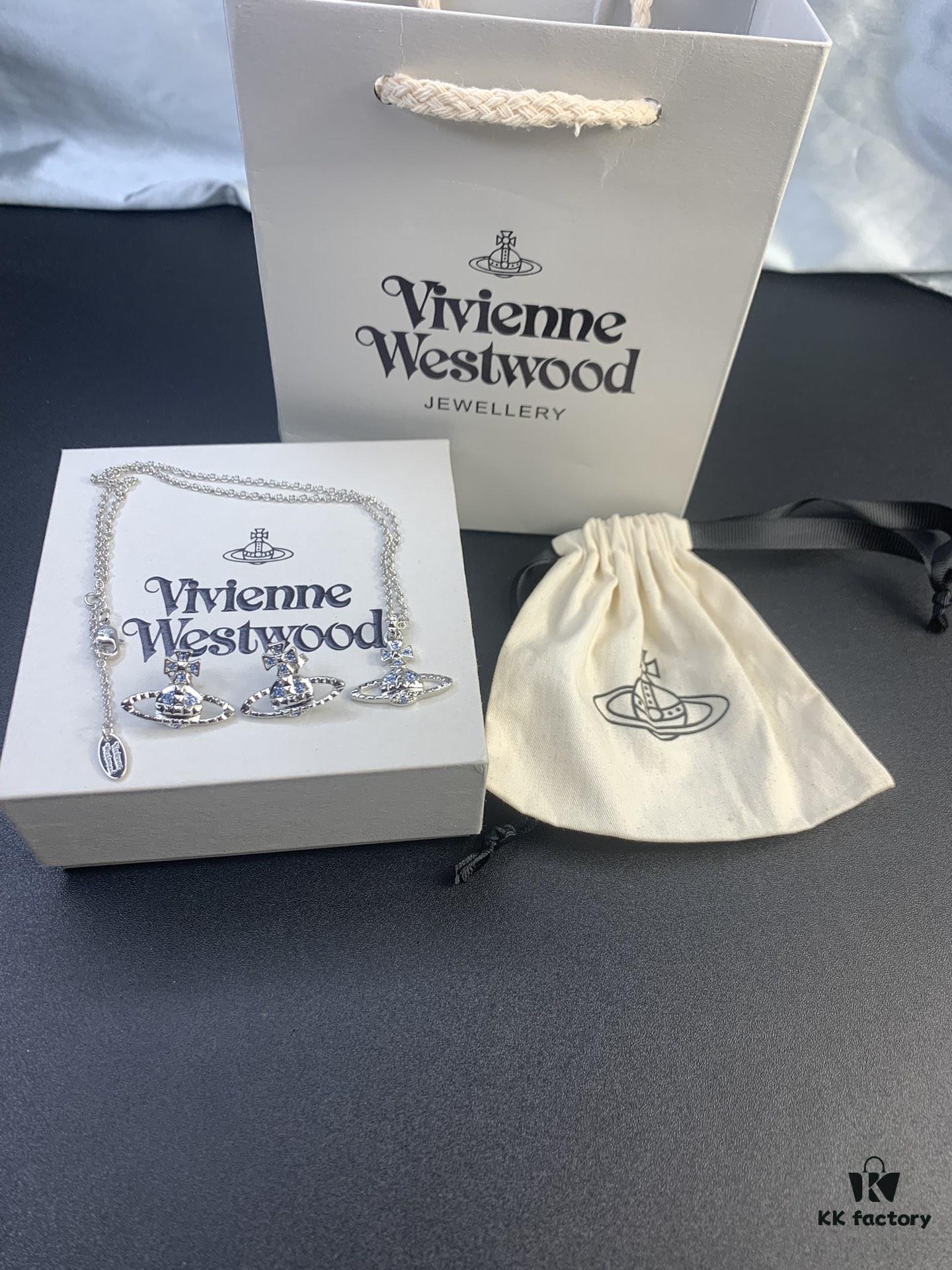 West Grandma Rivet Saturn Blue Diamond Necklace and Stud Earring Set