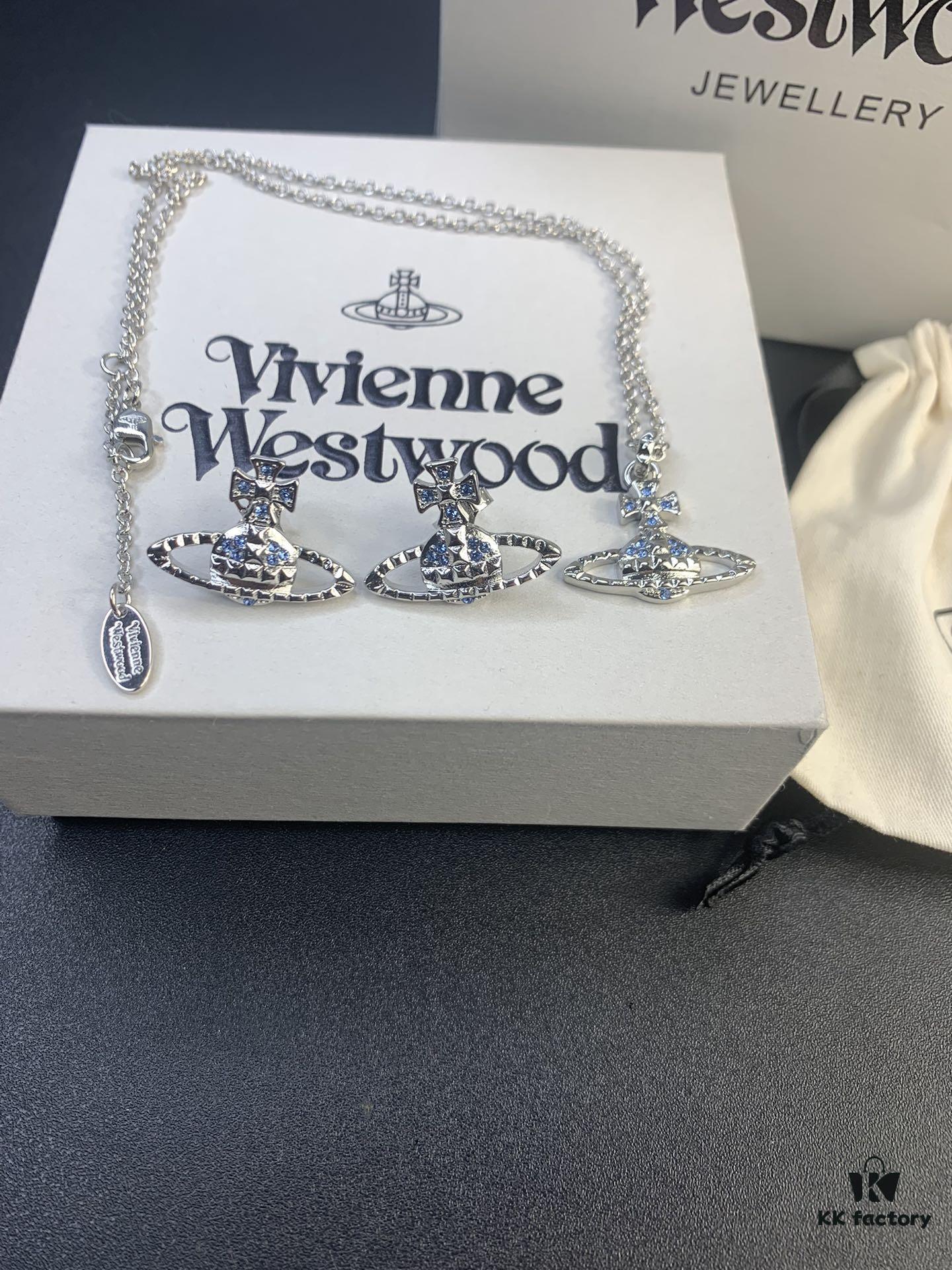 West Grandma Rivet Saturn Blue Diamond Necklace and Stud Earring Set