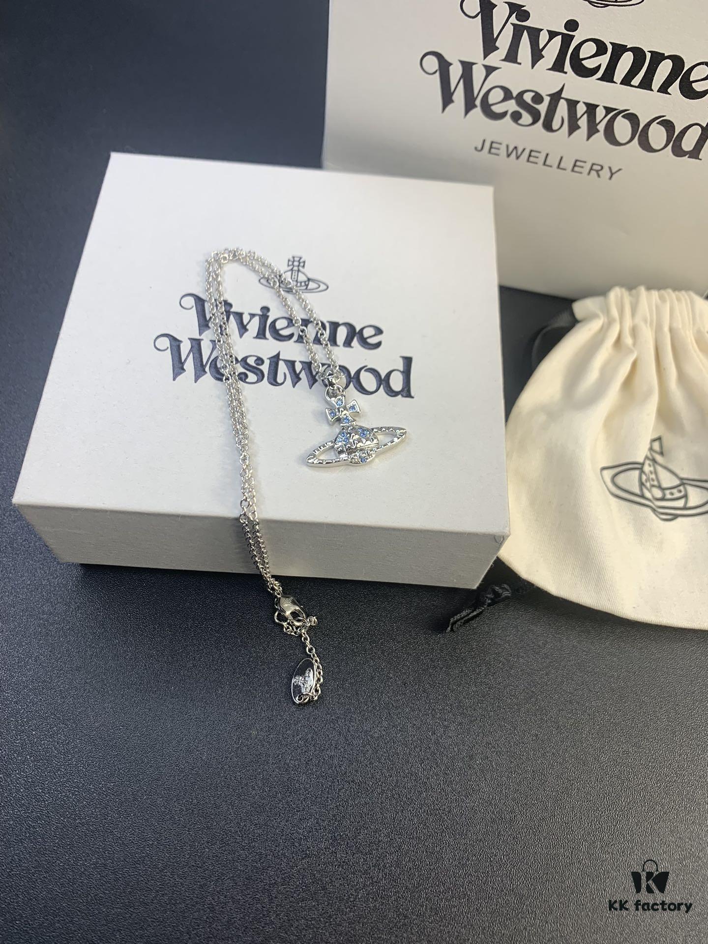 West Grandma Rivet Saturn Blue Diamond Necklace and Stud Earring Set