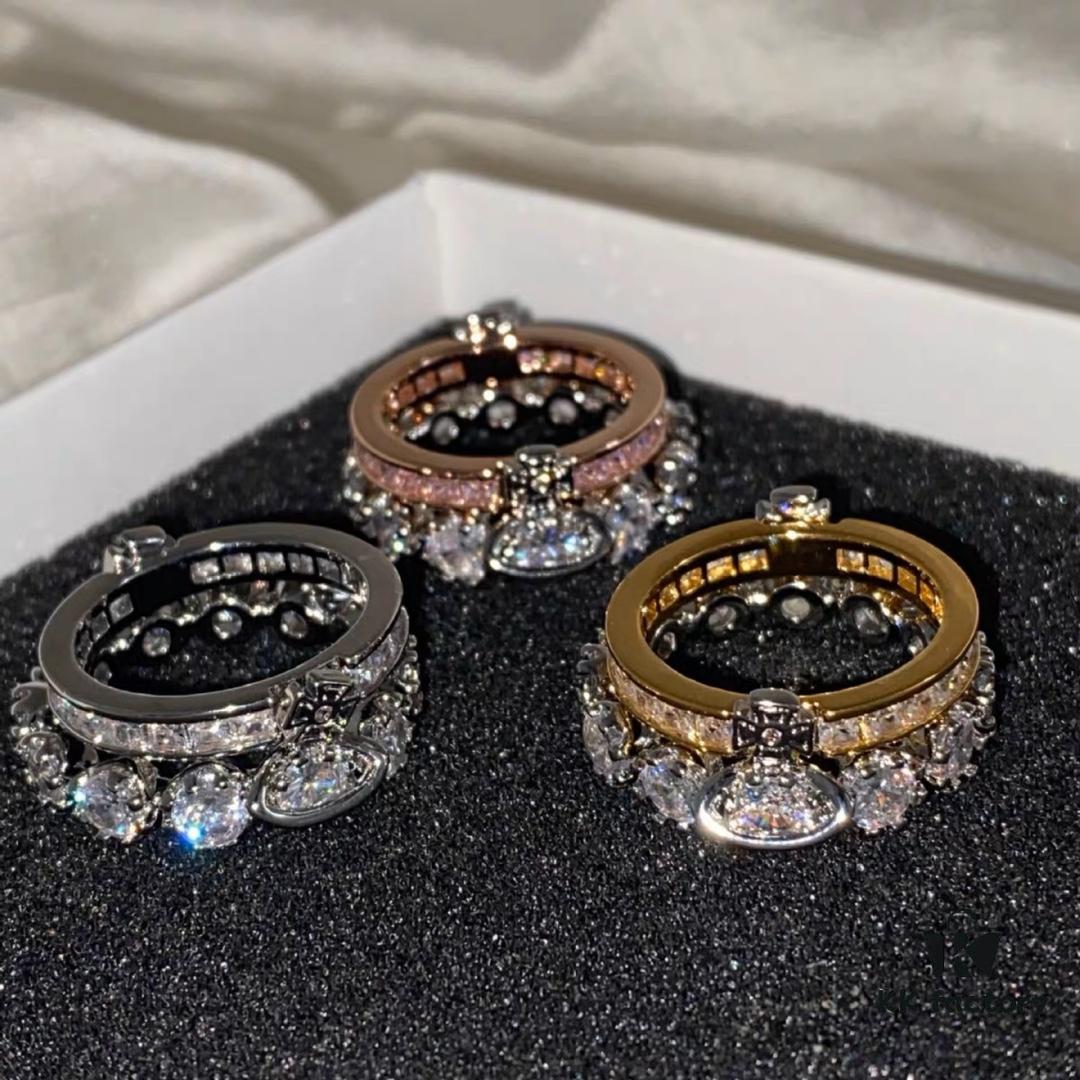 Vivienne Westwood Saturn Double-Layer Rhinestone Ring, Luxurious and Elegant