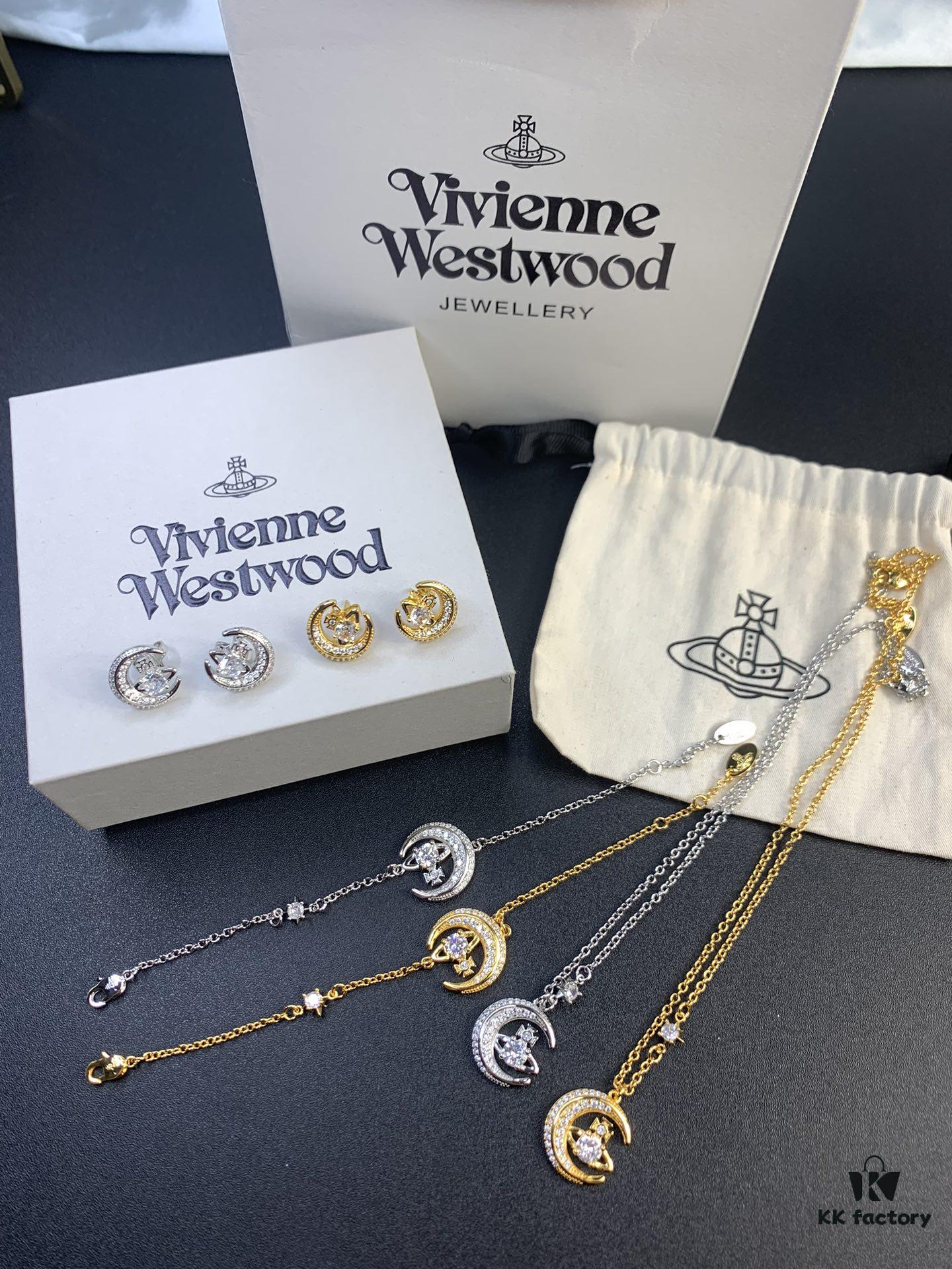 West Queen Half-Moon Saturn Ear Studs Bracelet Necklace Set in Gold and Silver Tones