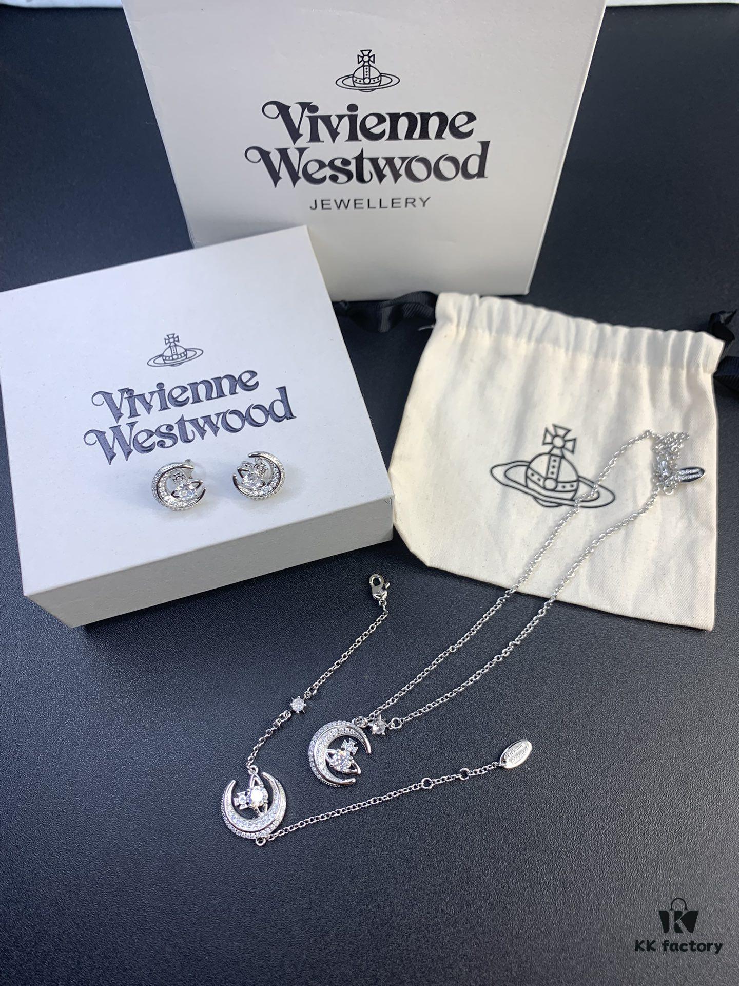 West Queen Half-Moon Saturn Ear Studs Bracelet Necklace Set in Gold and Silver Tones