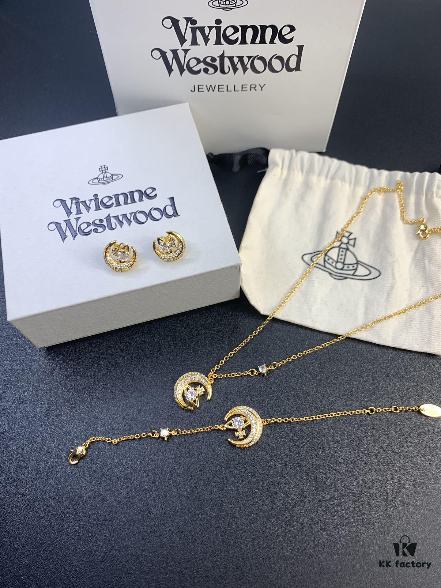 West Queen Half-Moon Saturn Ear Studs Bracelet Necklace Set in Gold and Silver Tones