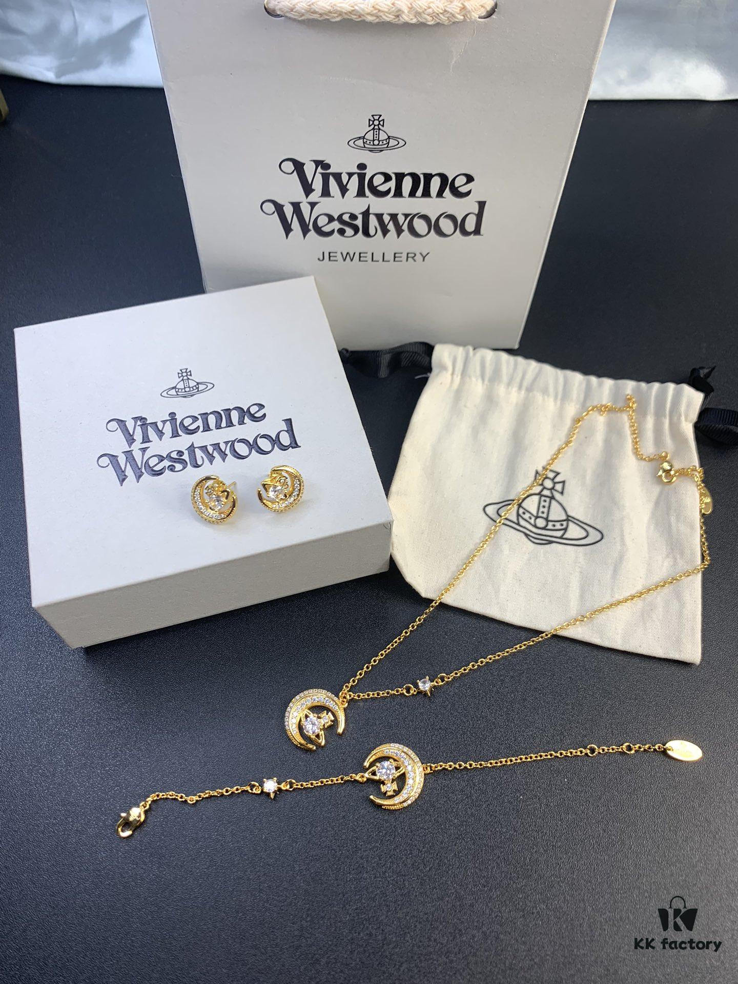 West Queen Half-Moon Saturn Ear Studs Bracelet Necklace Set in Gold and Silver Tones