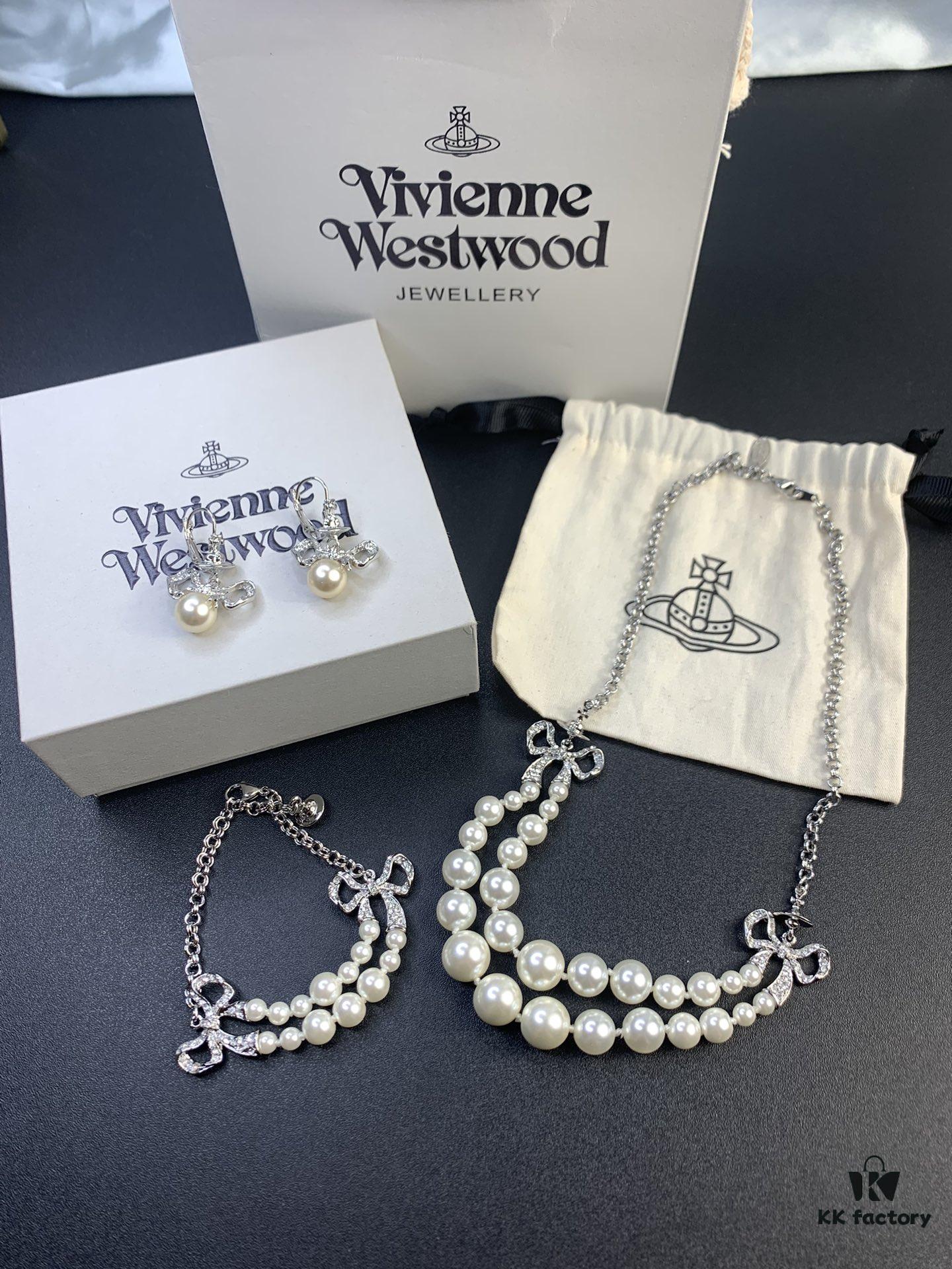 West Queen Bow Double-Layer Pearl Set Stud Earrings Bracelet Necklace