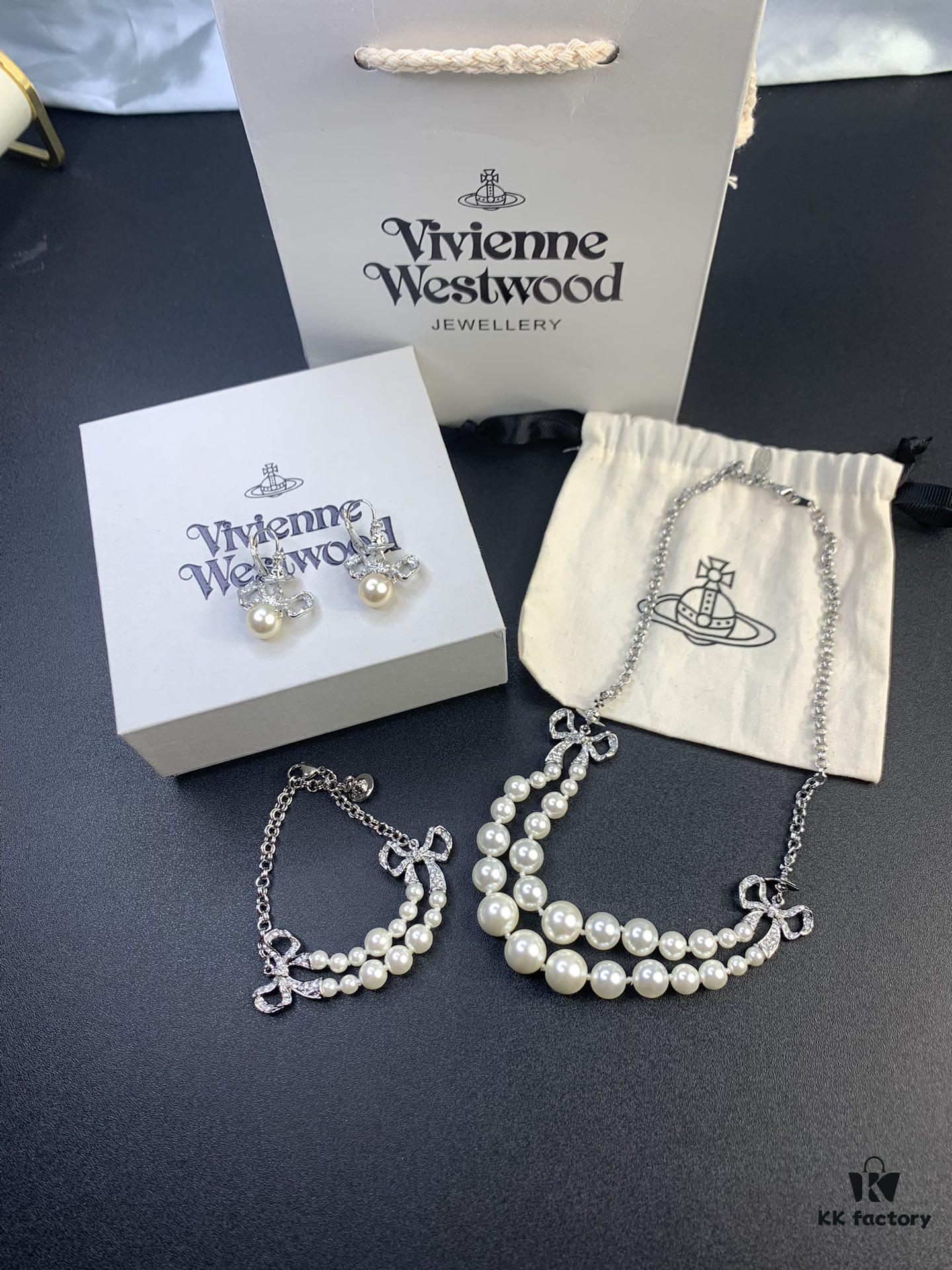 West Queen Bow Double-Layer Pearl Set Stud Earrings Bracelet Necklace