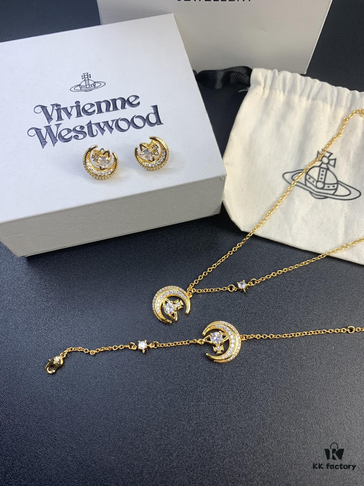 West Queen Half-Moon Saturn Ear Studs Bracelet Necklace Set in Gold and Silver Tones