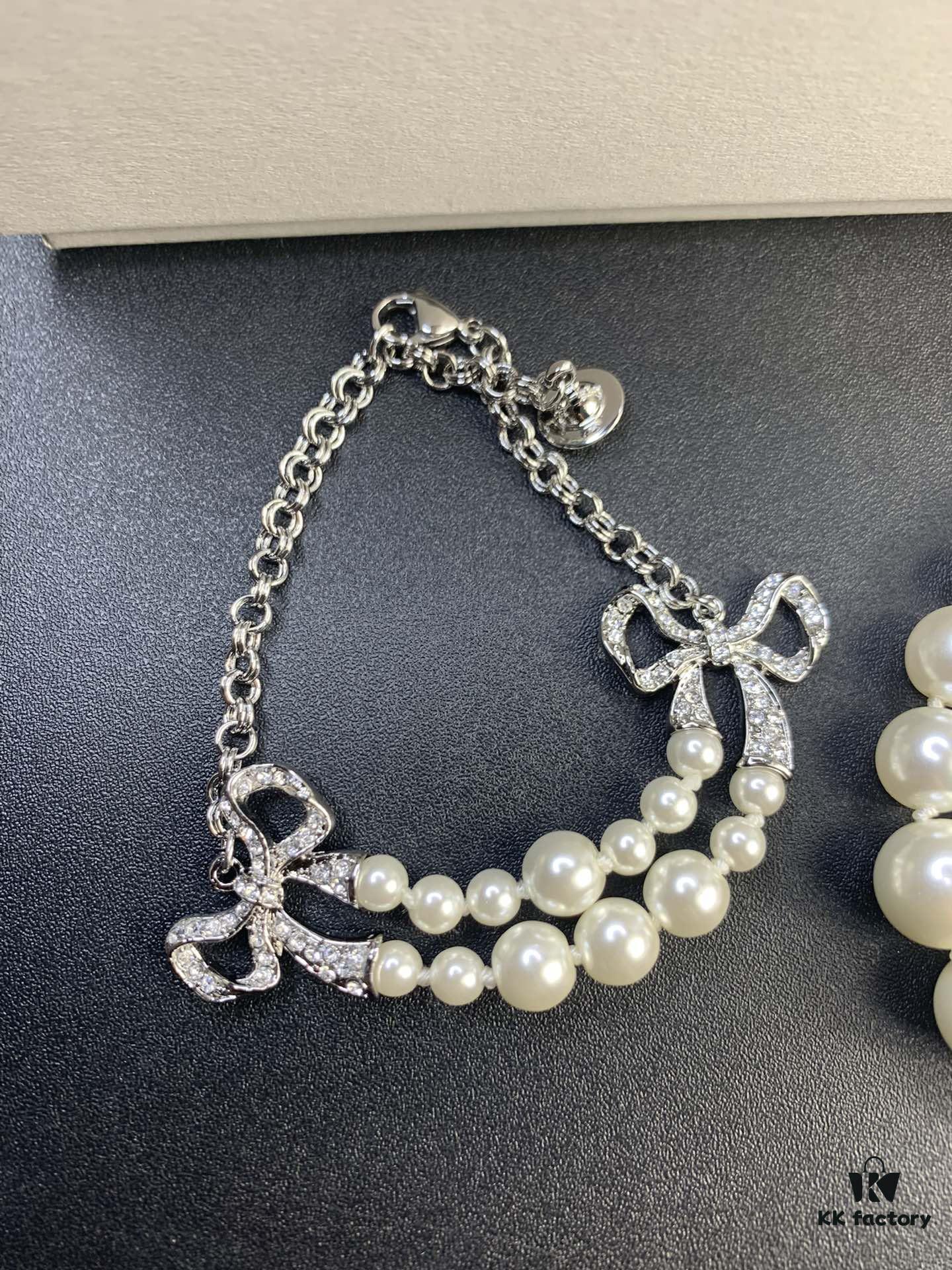 West Queen Bow Double-Layer Pearl Set Stud Earrings Bracelet Necklace