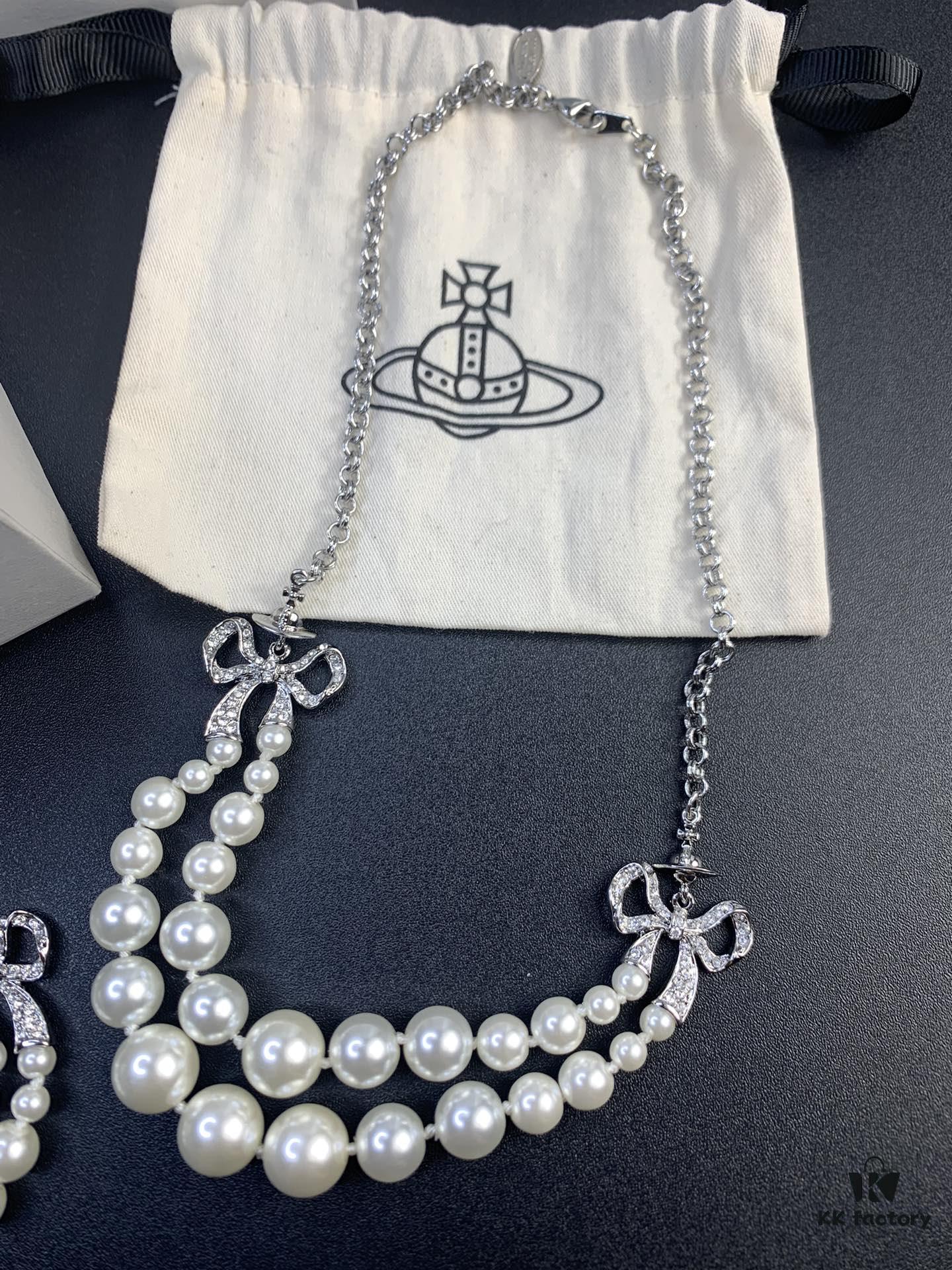 West Queen Bow Double-Layer Pearl Set Stud Earrings Bracelet Necklace