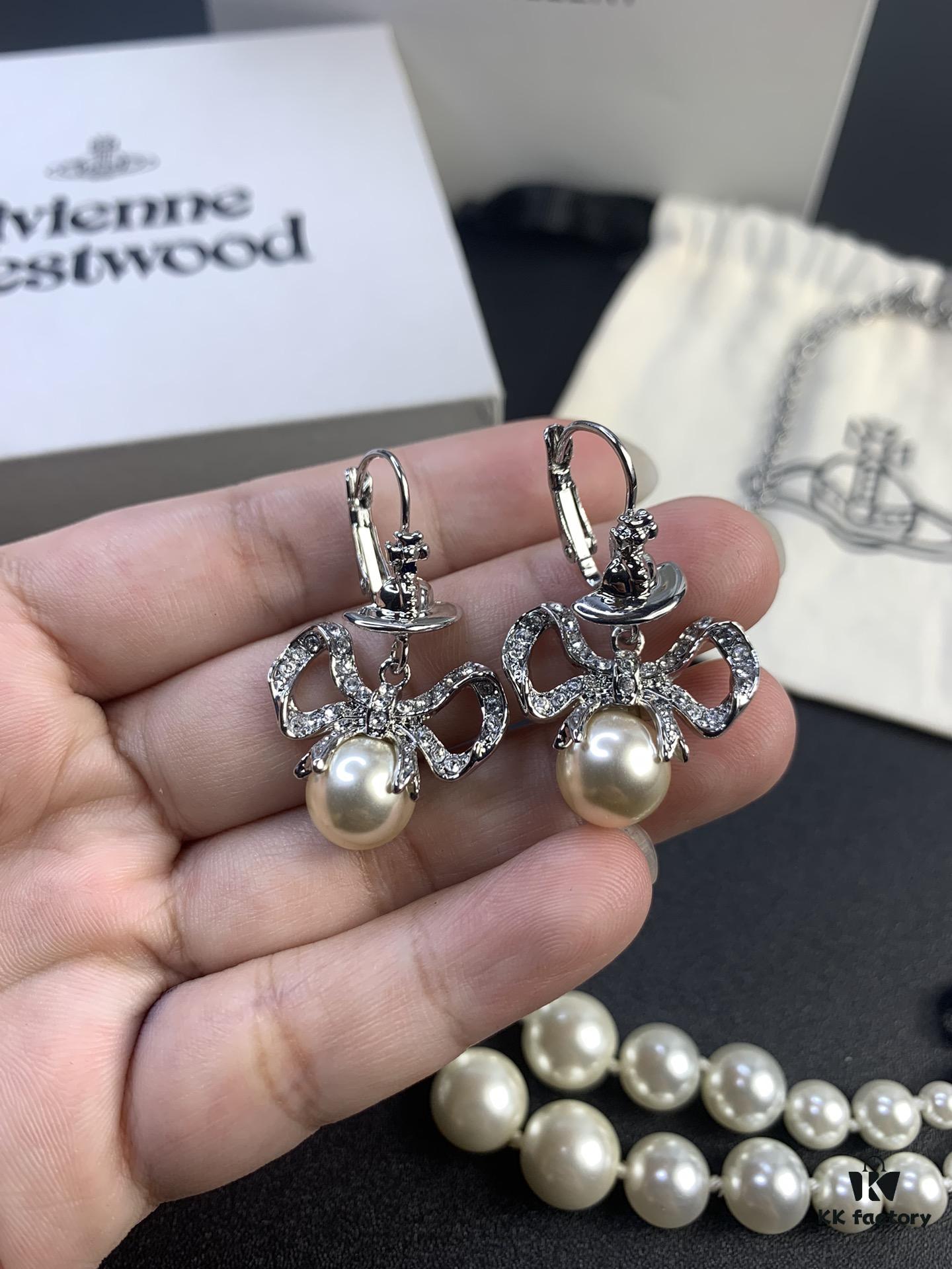 West Queen Bow Double-Layer Pearl Set Stud Earrings Bracelet Necklace