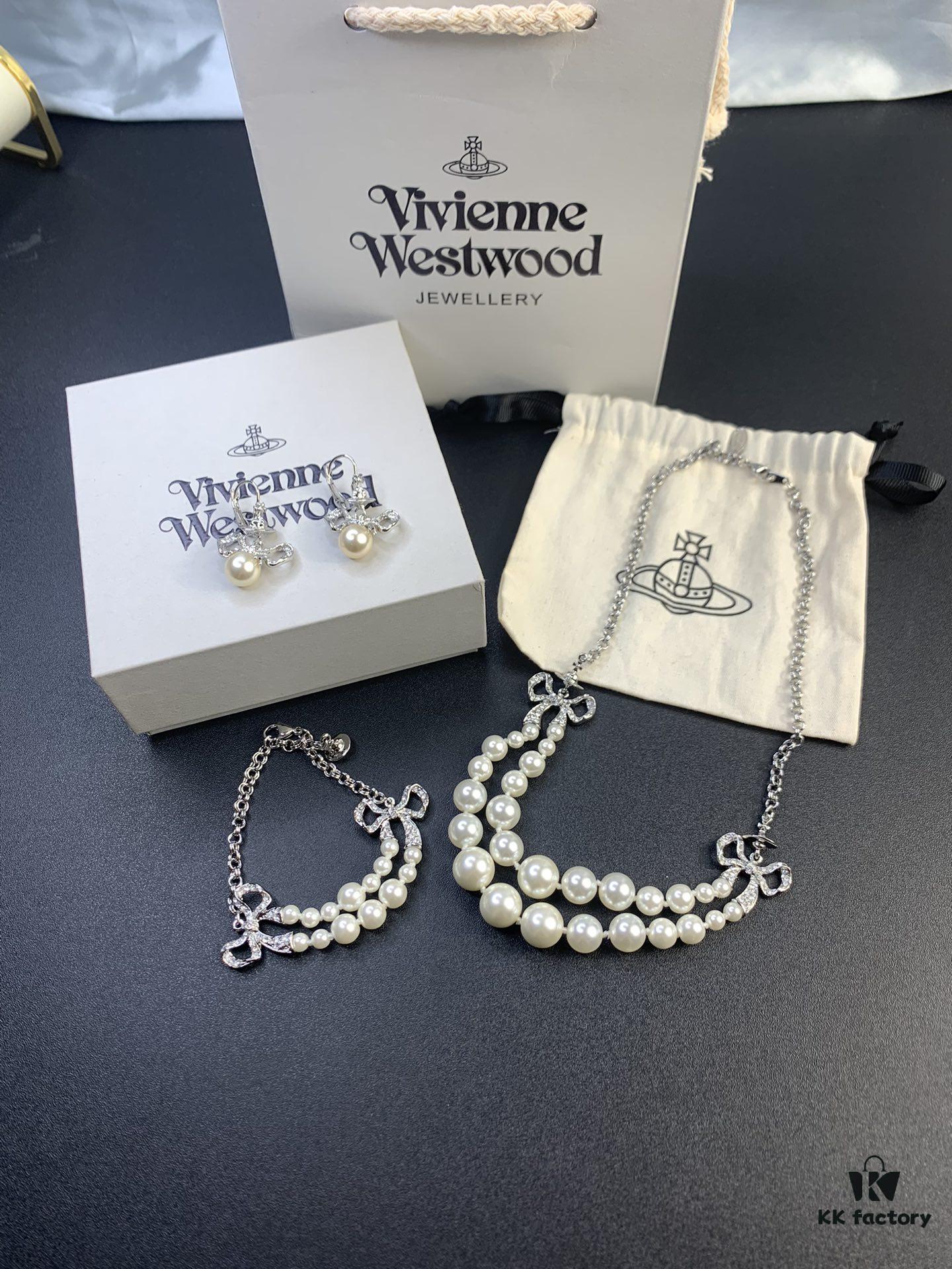 West Queen Bow Double-Layer Pearl Set Stud Earrings Bracelet Necklace