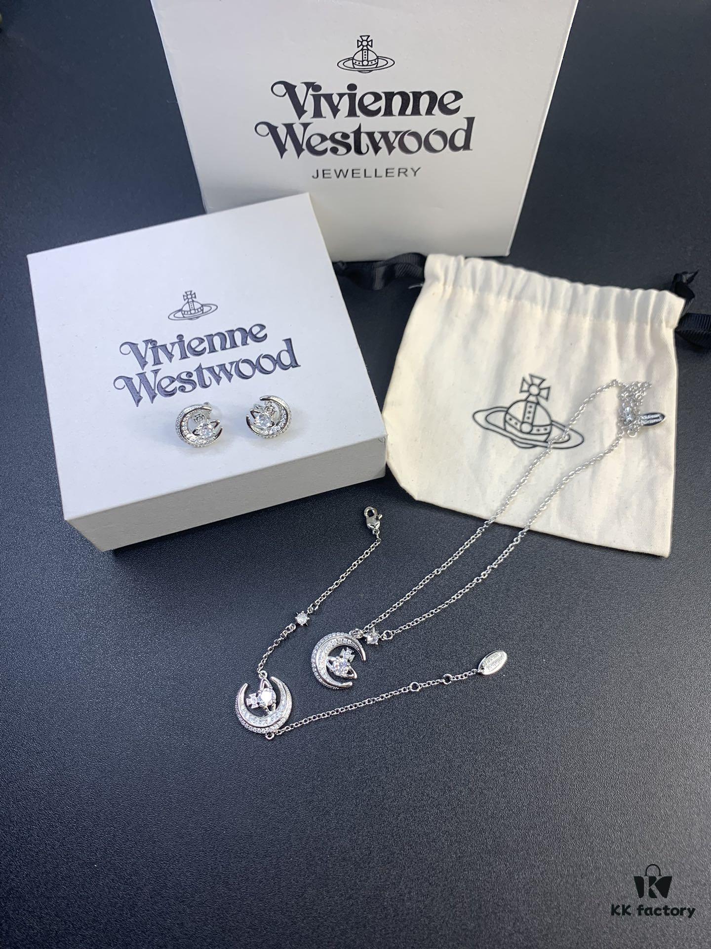 West Queen Half-Moon Saturn Ear Studs Bracelet Necklace Set in Gold and Silver Tones