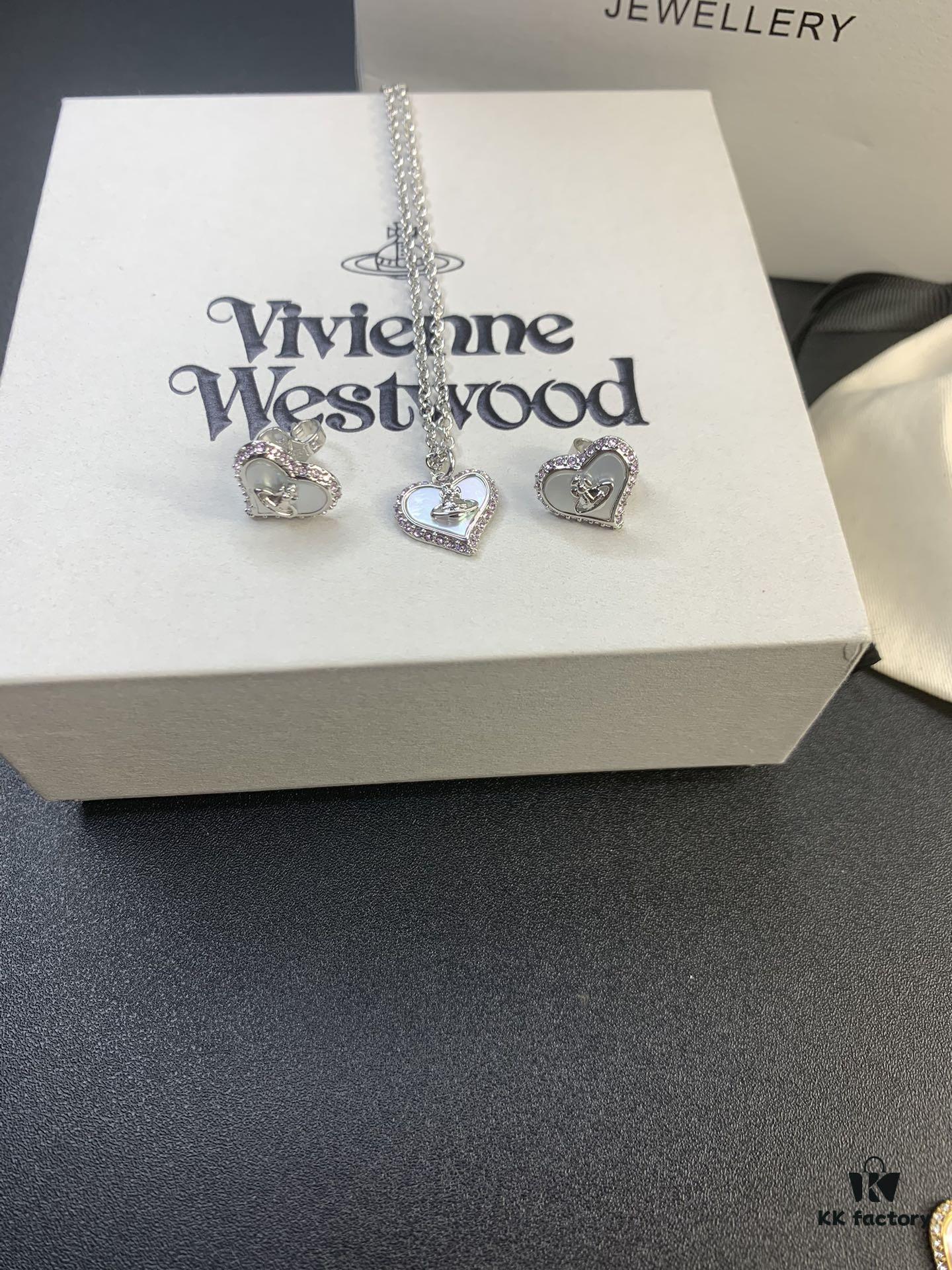 Vivienne Westwood Pearl and Crystal Necklace and Stud Earrings Set, Available in Purple Crystal with White Shell and White Crystal with White Shell