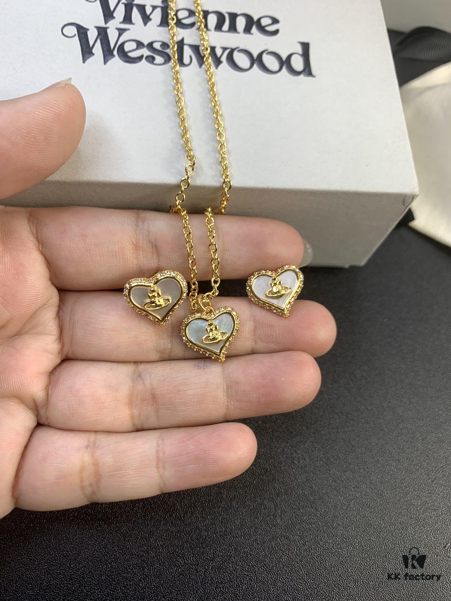 Vivienne Westwood Pearl and Crystal Necklace and Stud Earrings Set, Available in Purple Crystal with White Shell and White Crystal with White Shell