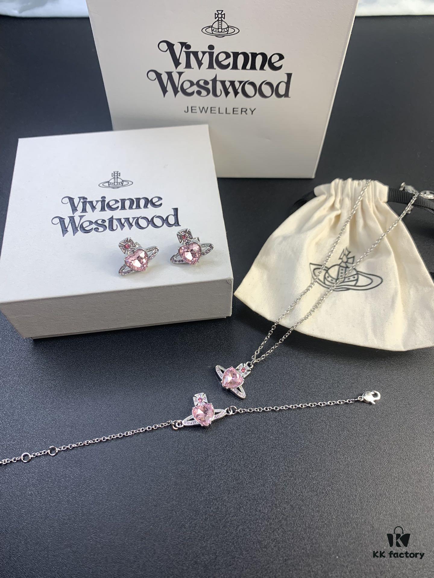 West Queen Pink Diamond Necklace, Bracelet, and Earring Set in Gold-Plated Material