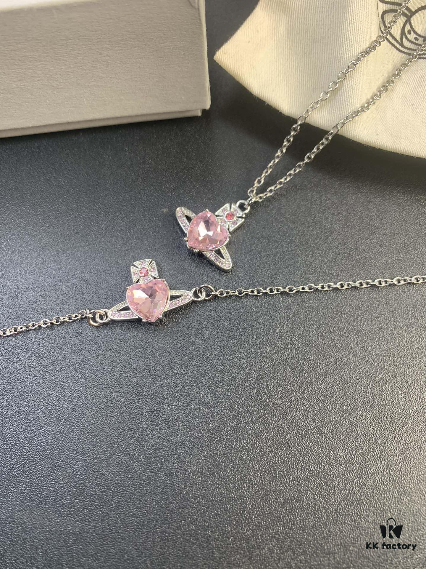 West Queen Pink Diamond Necklace, Bracelet, and Earring Set in Gold-Plated Material