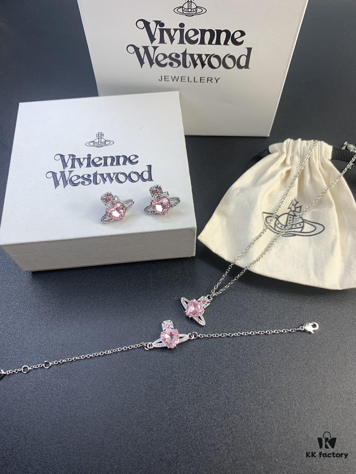 West Queen Pink Diamond Necklace, Bracelet, and Earring Set in Gold-Plated Material