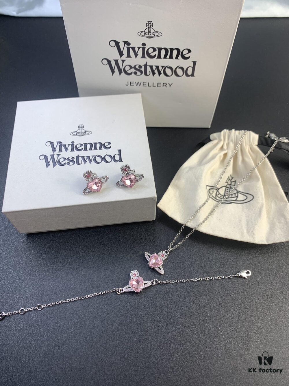 West Queen Pink Diamond Necklace, Bracelet, and Earring Set in Gold-Plated Material